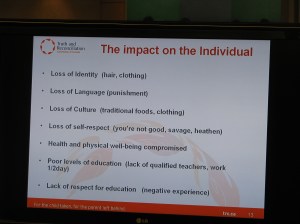 A slide from Littlechild's power-point presentation to the EMRIP. His presentation never touched on the impacts of the schools to the peoples.