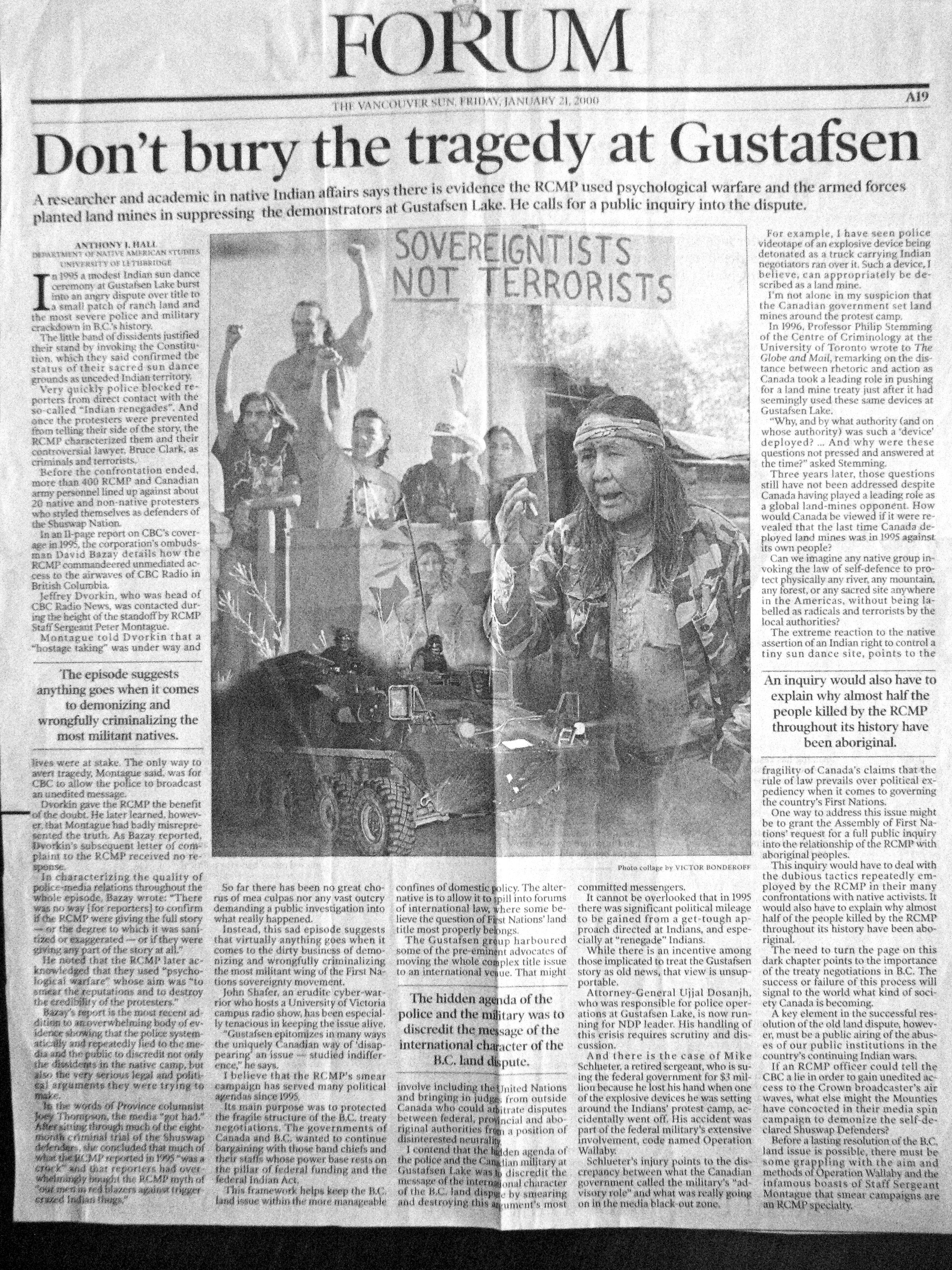 00.Jan 21 VanSun.TonyHall Dont bury the tragedy at Gustafsen