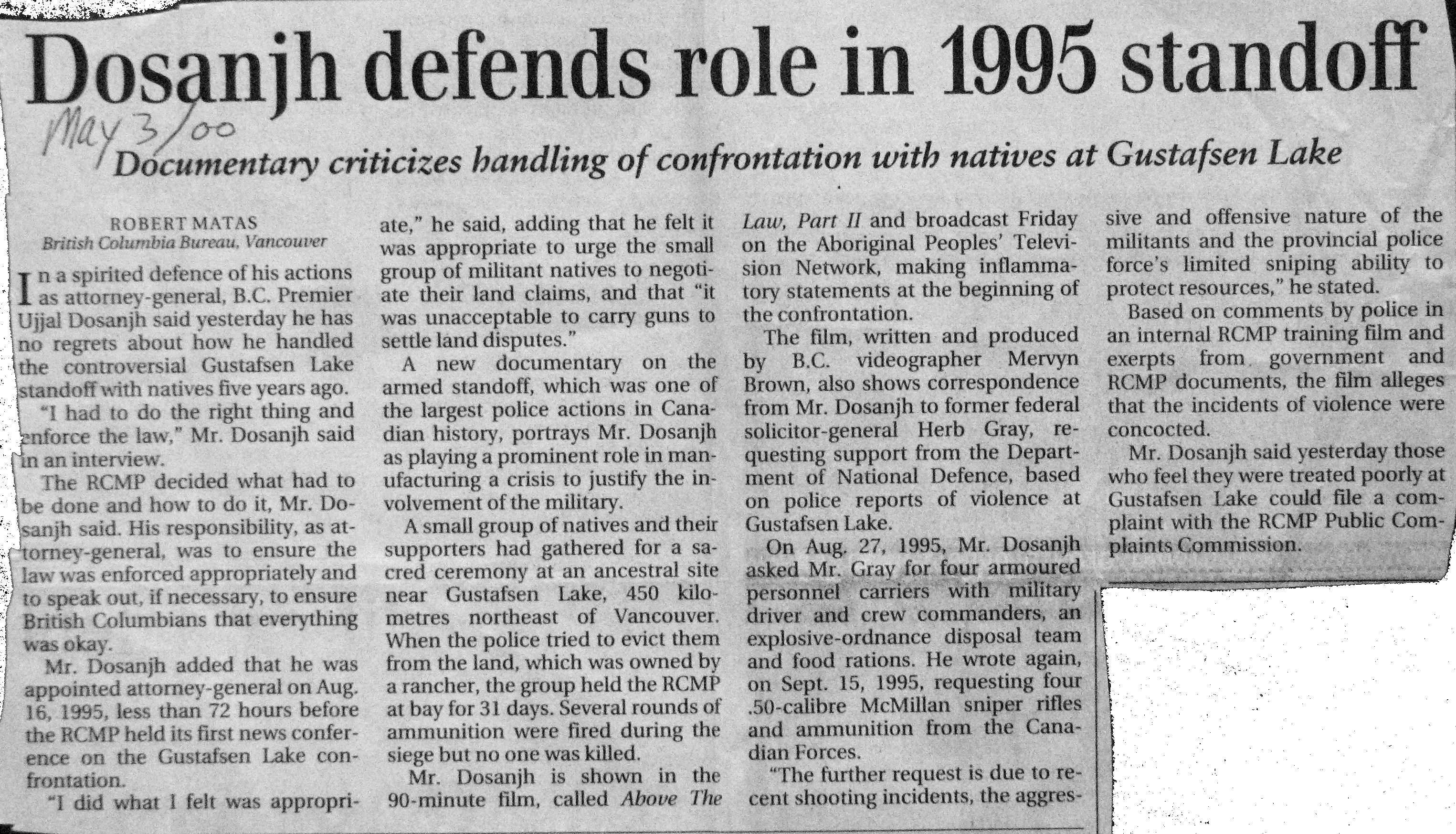 00.May 3 GaM.RobertMatas Dosanjh defends role in 1995 standoff