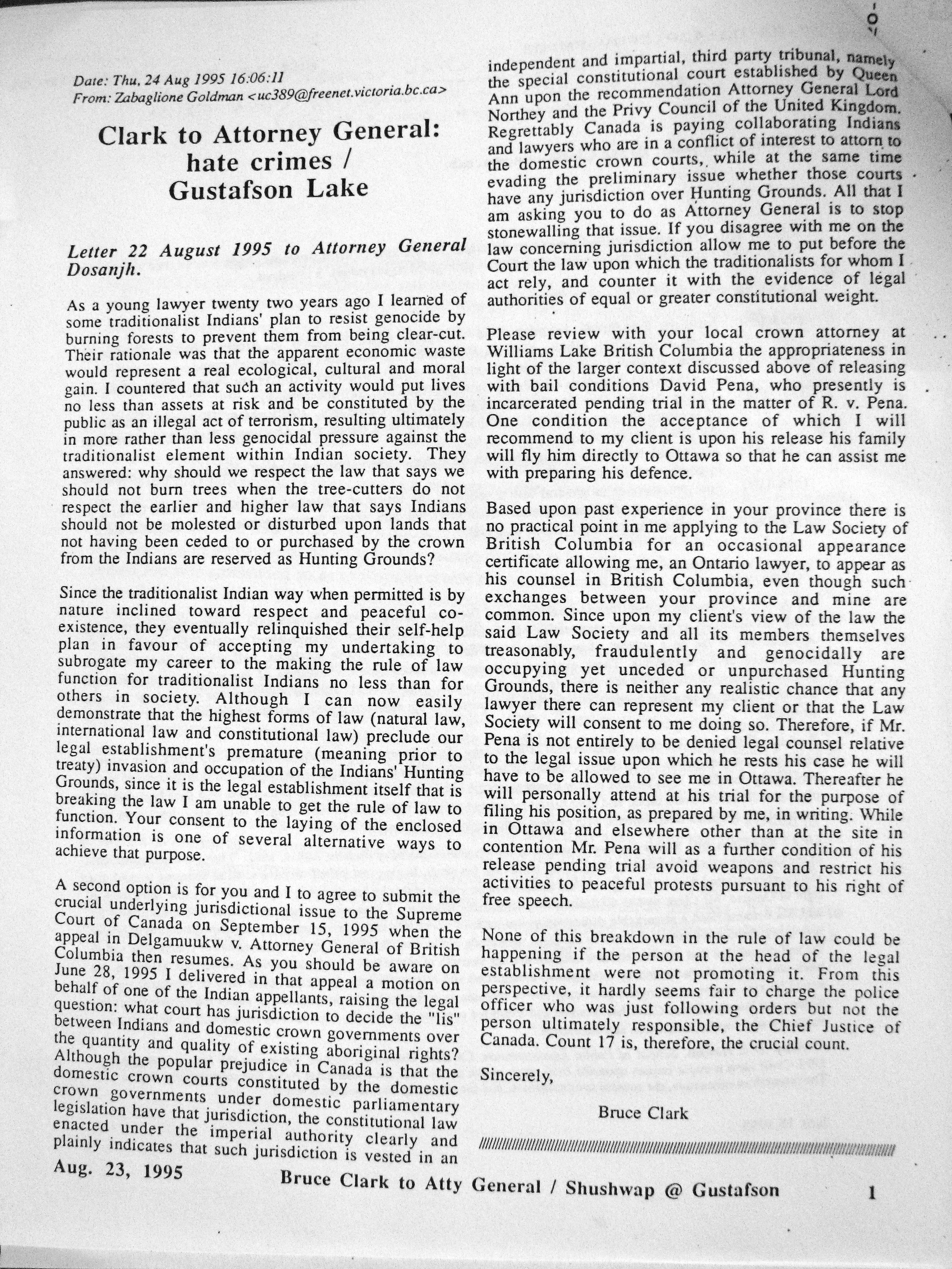 95 Aug 22 Clark to AG Dossanjh