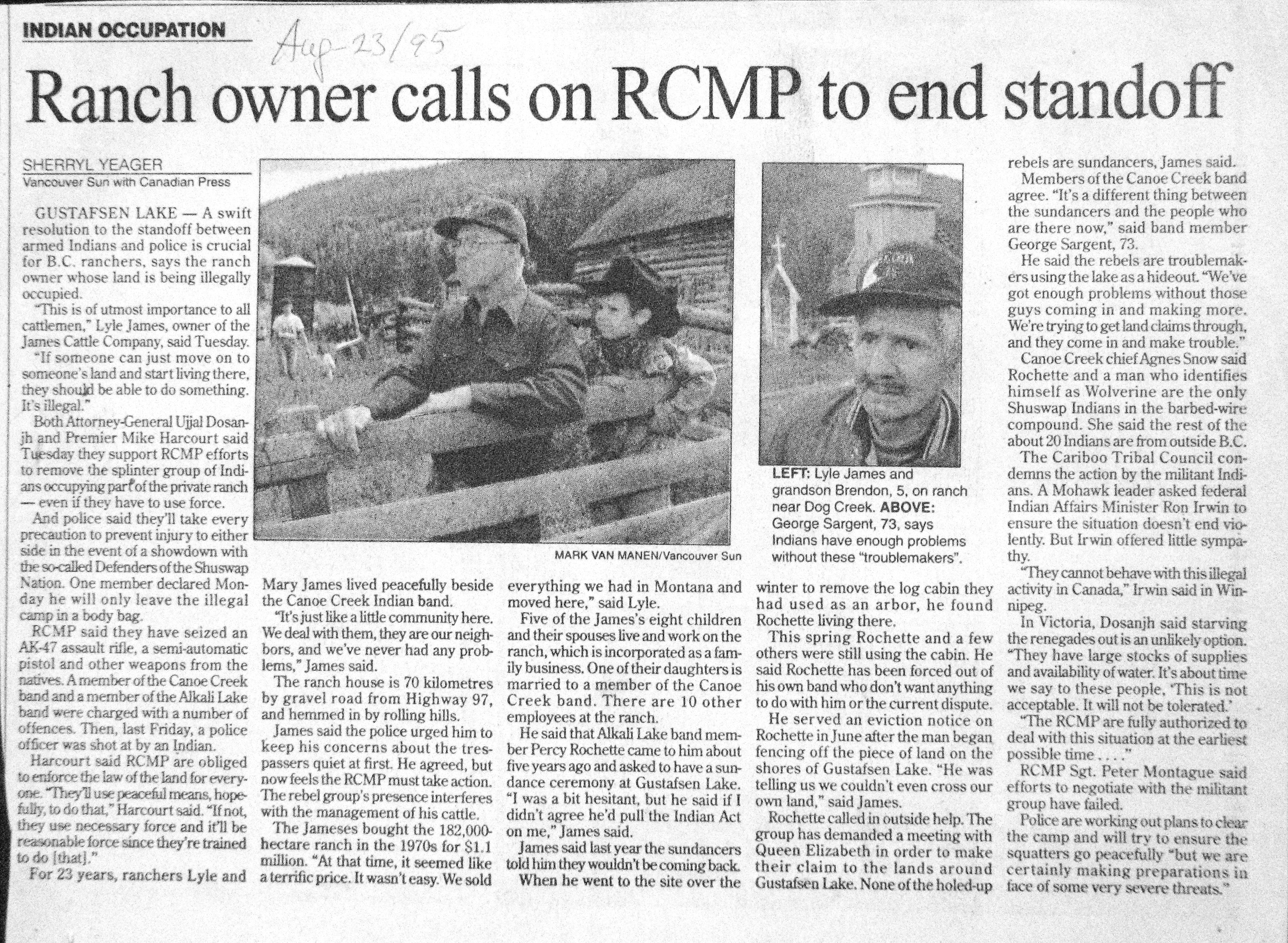 95 Aug 23 VanSun.SherrylYeager Ranch owner calls on RCMP to end standoff