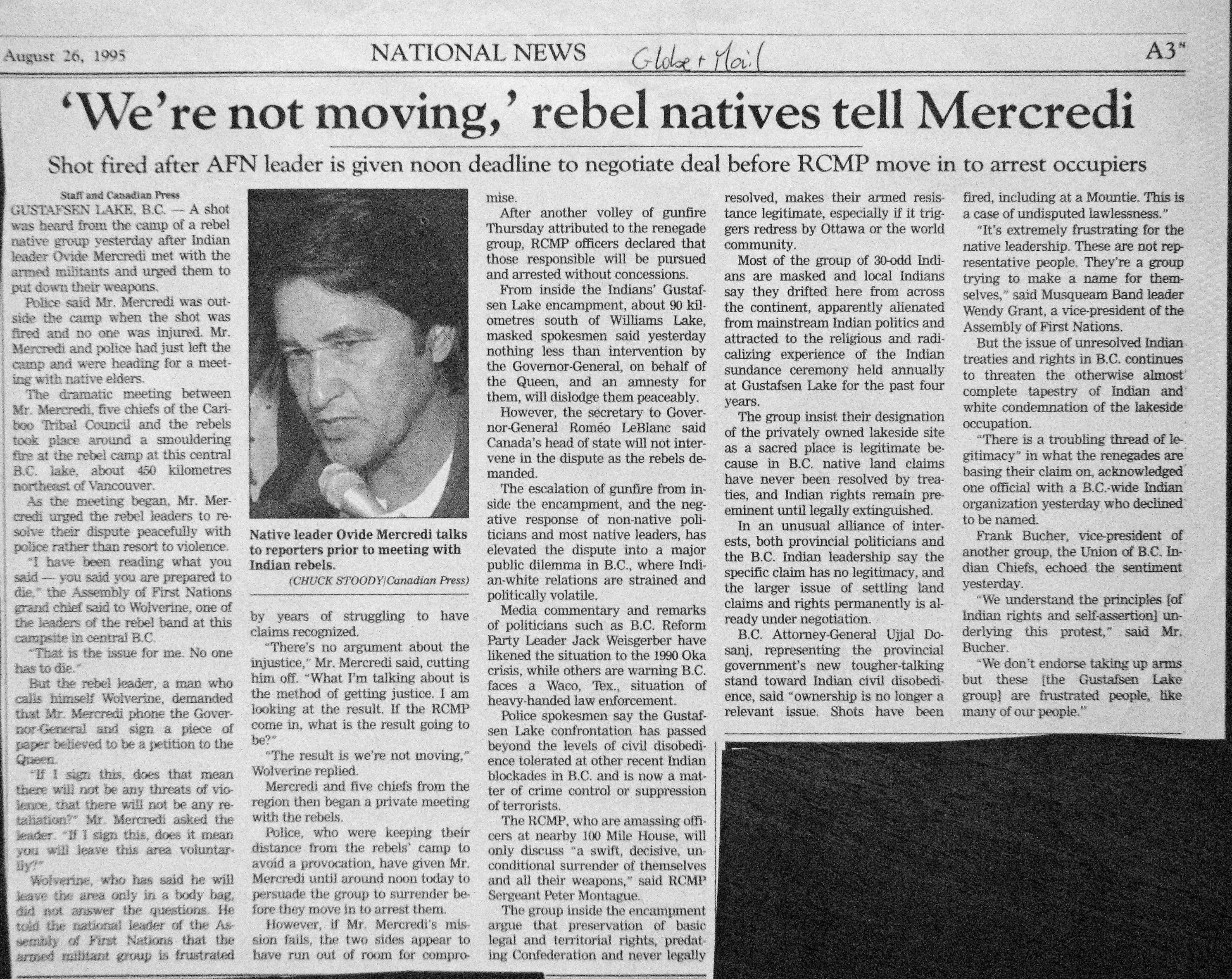 95 Aug 26 GaM.CP Were not moving rebels tell Mercredi - noon deadline