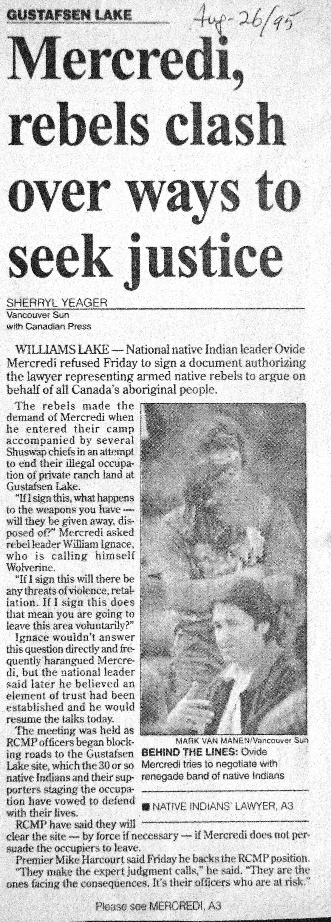 95 Aug 26 VanSun.SherrylYeager Mercredi rebels clash over ways to seek justice 1