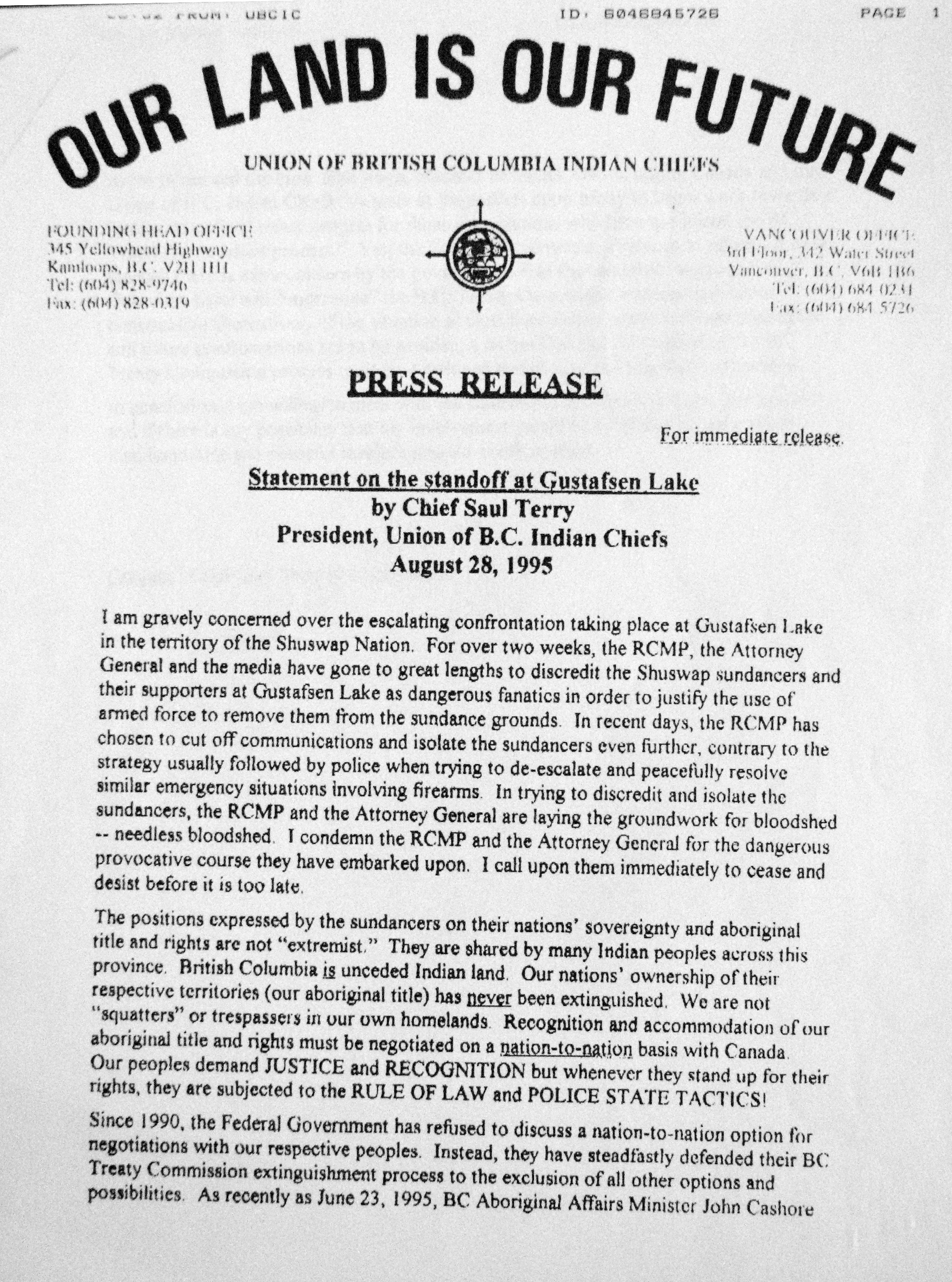 95 Aug 28 letter UBCIC Statement on the standoff GL