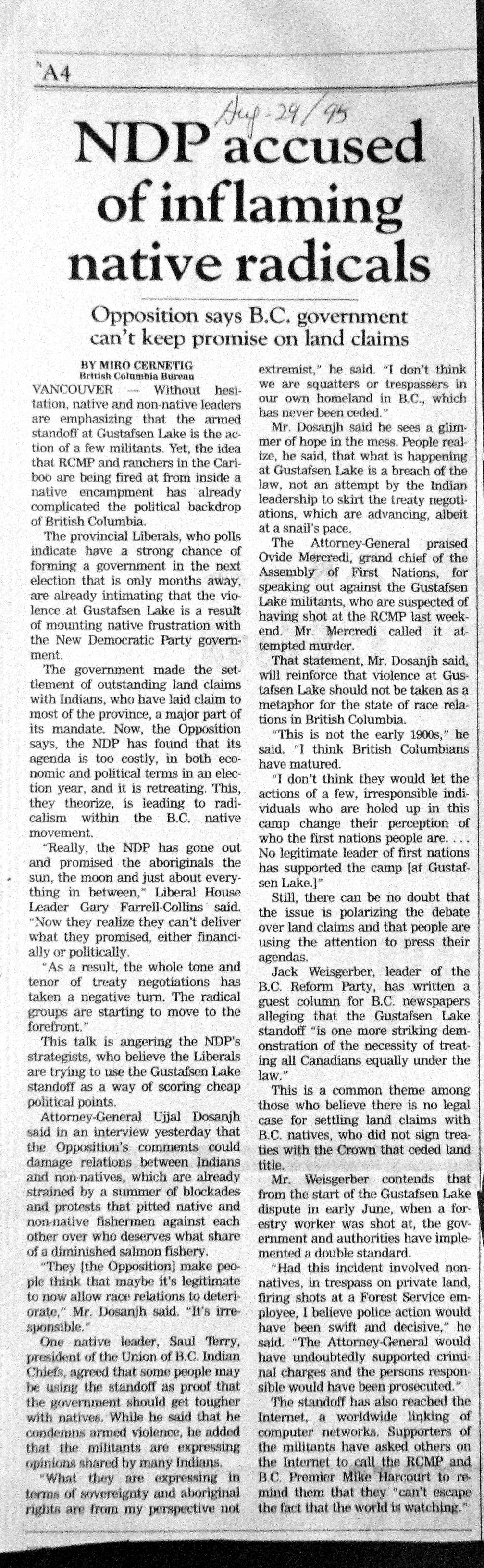 95 Aug 29 GaM.MiroCernetig NDP accused of inflaming native radicals