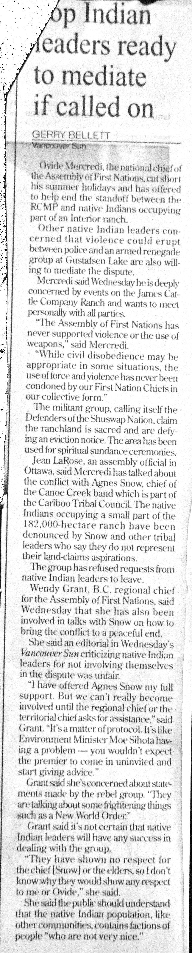 95 Aug VanSun.GerryBellett Top Indian leaders ready to mediate if called on - Wendy Grant AFN chief quote