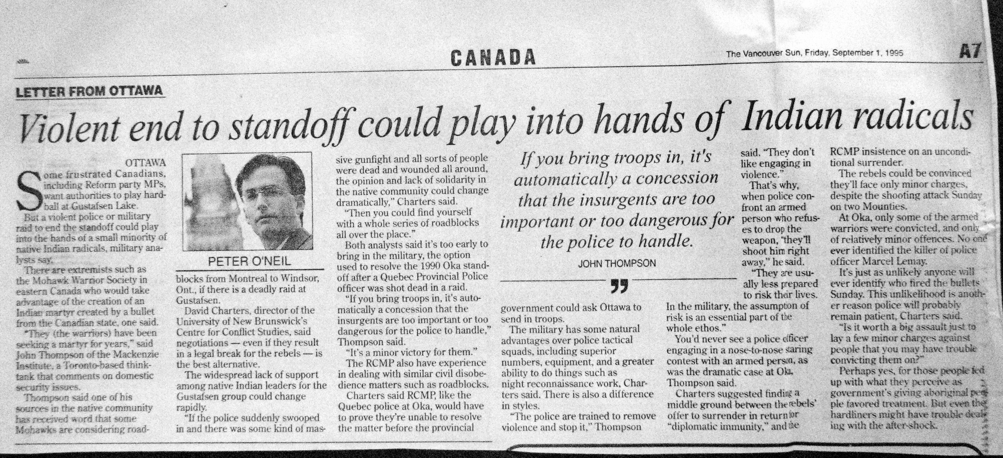 95 Sept 1 VanSun Letter from Ottawa - Violent end to standoff could play into hands of Indian radicals