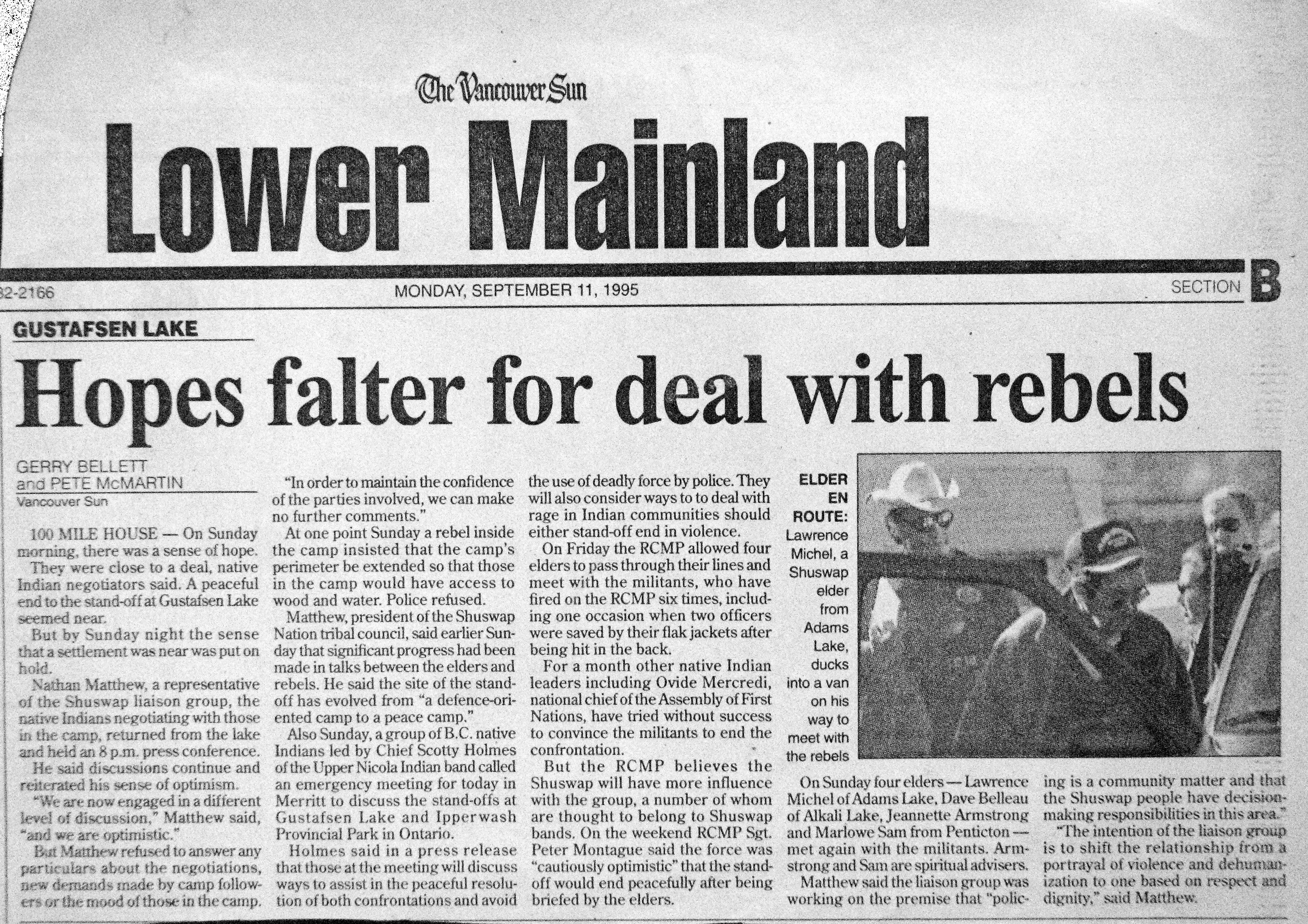 95 Sept 11 VanSun.GerryBellett Hopes falter for deal with rebels