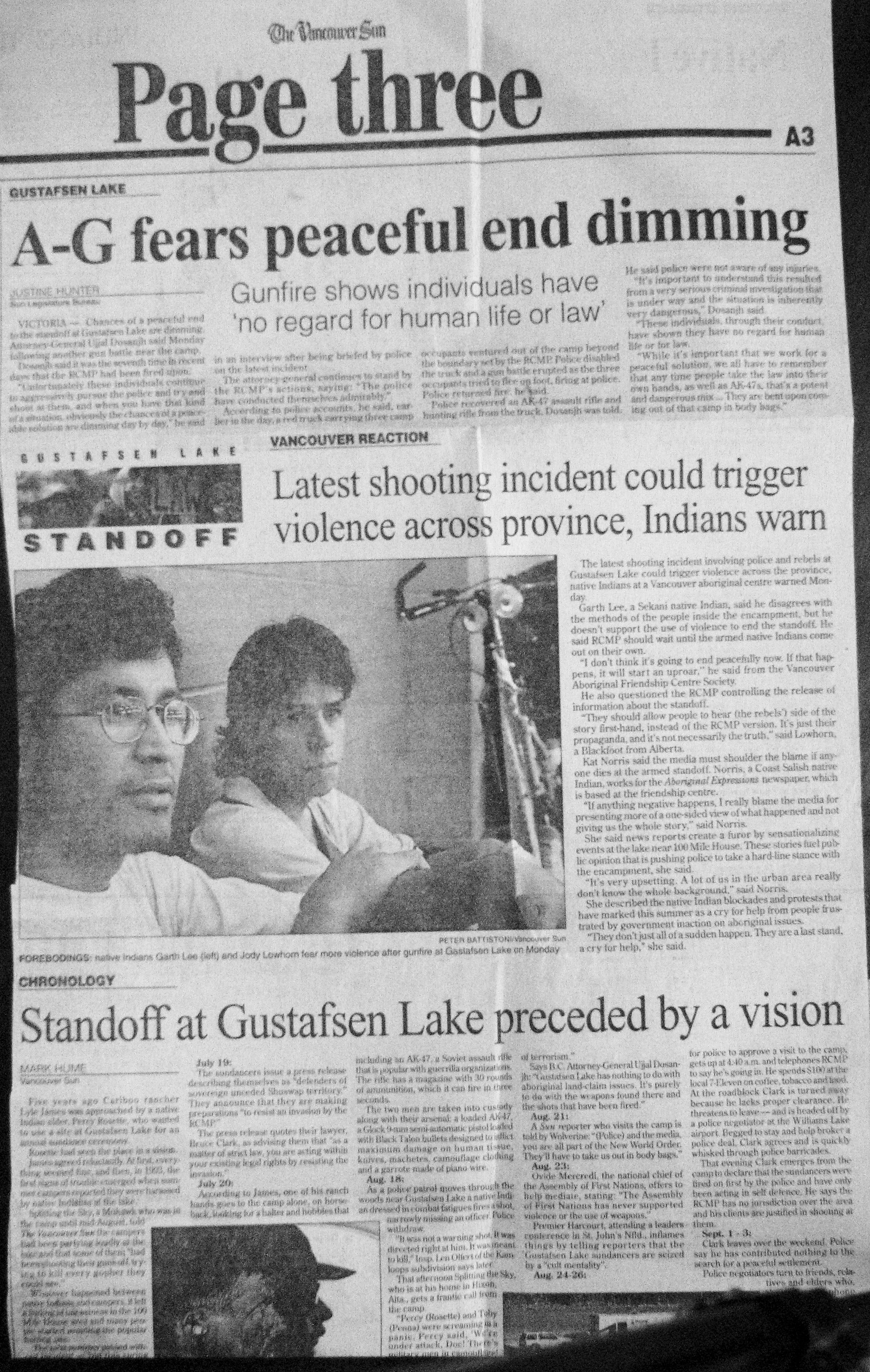 95 Sept 12 VanSun.JustineHunter AG fears peaceful end dimming - gunfire shows individuals have no regard for life or law