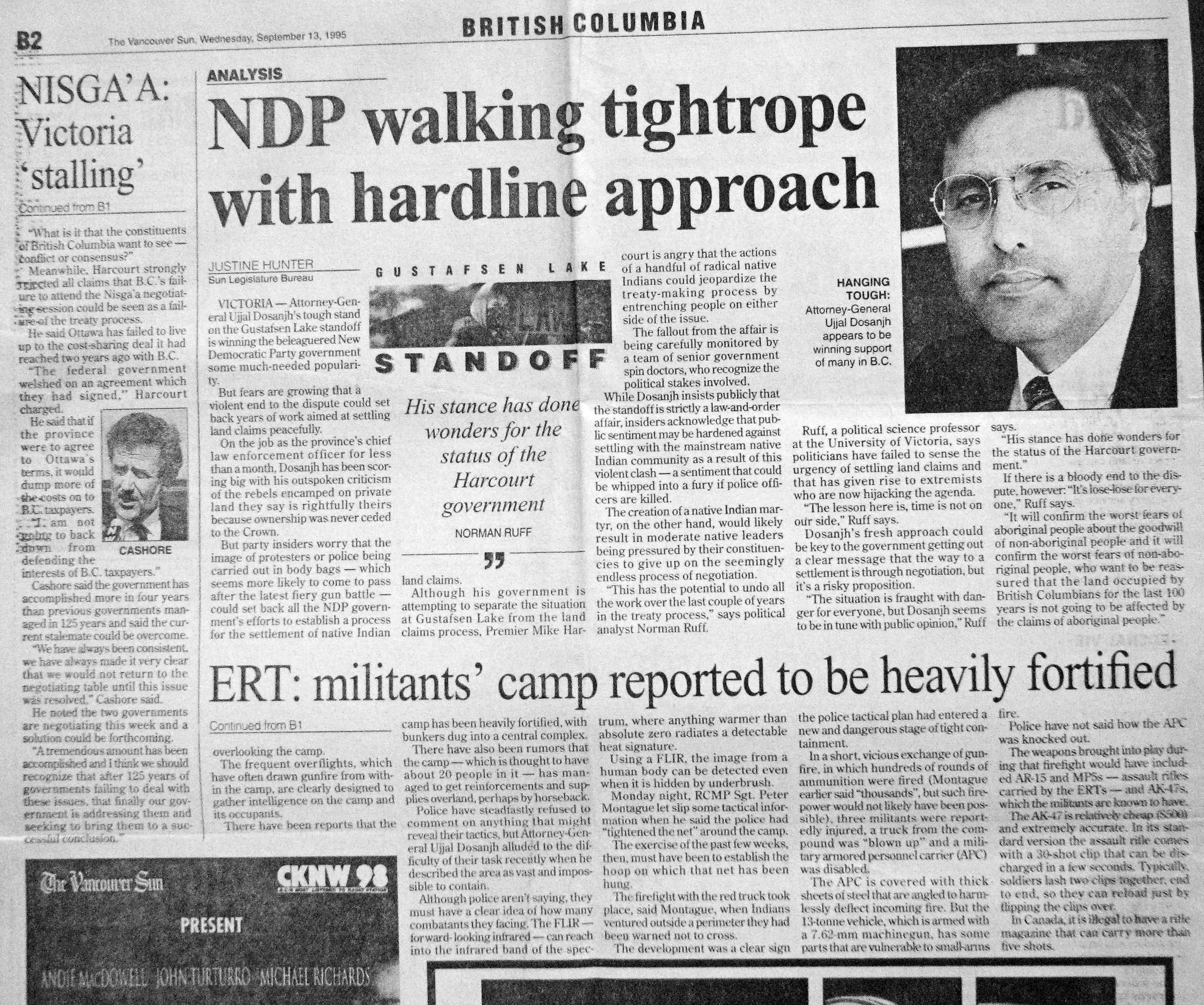 95 Sept 13 VanSun.JustineHunter NDP walking tightrope with hardline approach