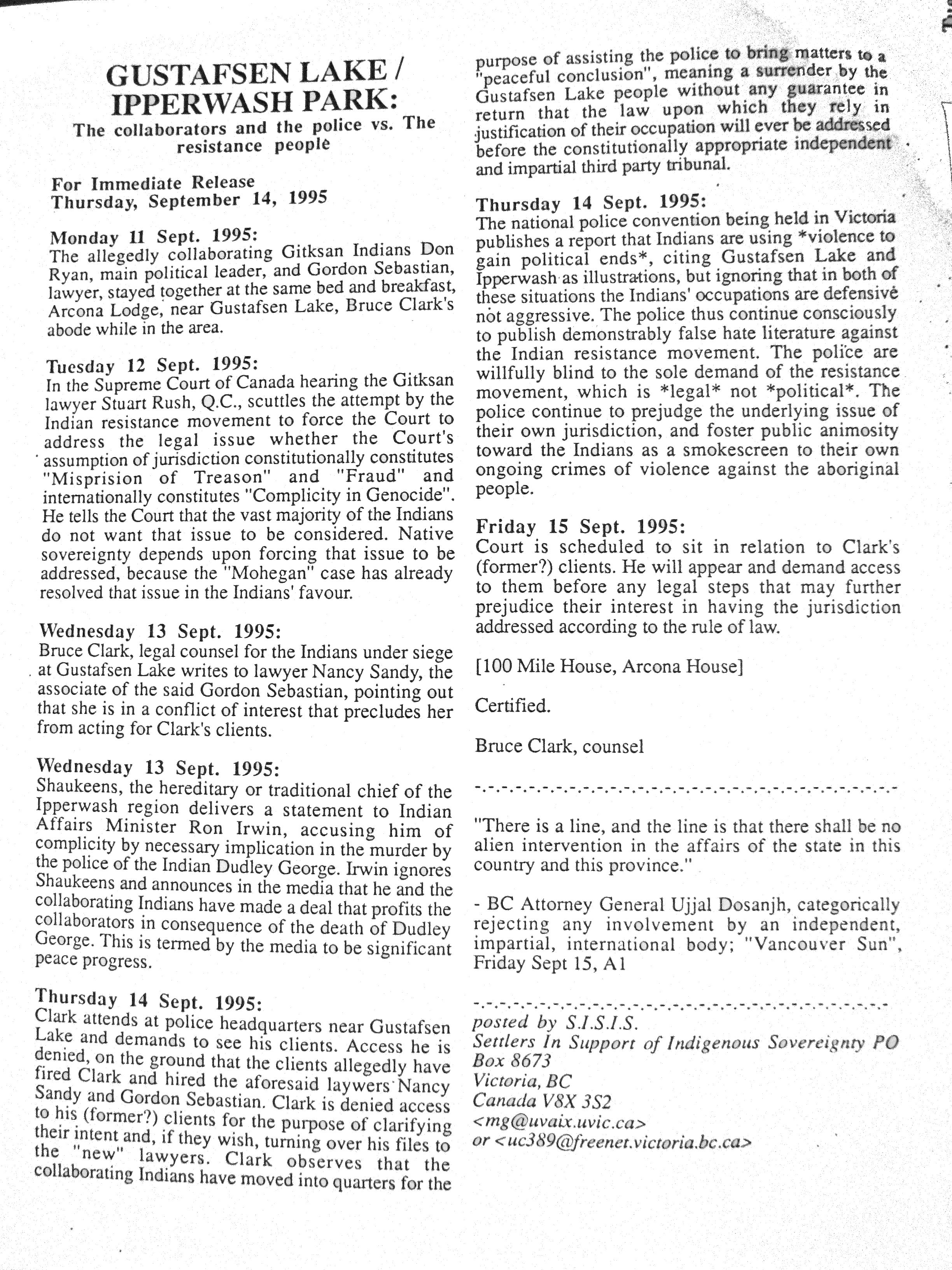 95 Sept 14 GL and Ipperwash events Sept 11.12.13.14.15