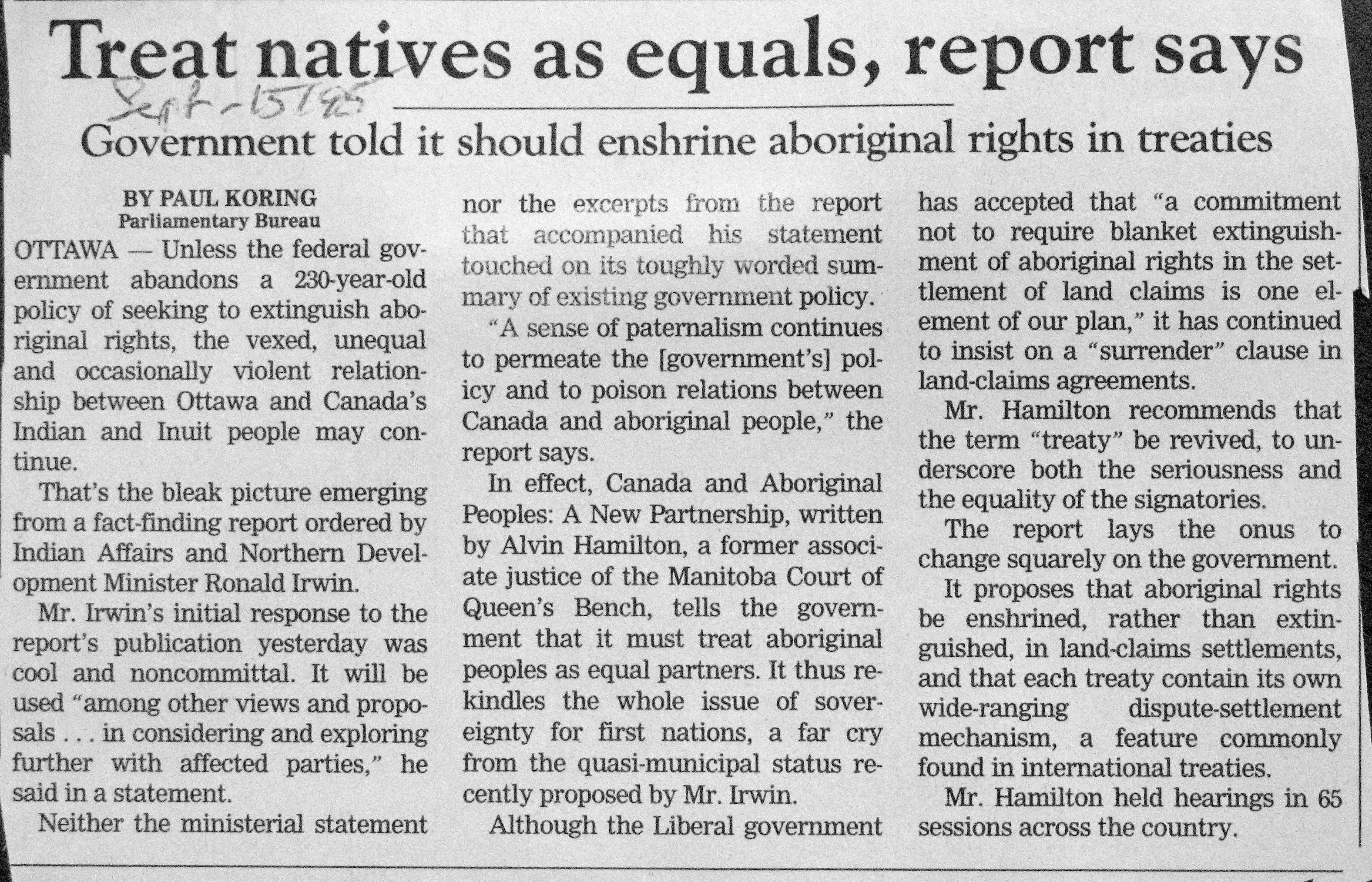 95 Sept 15 GaM.PaulKoring Treat natives as equals report says