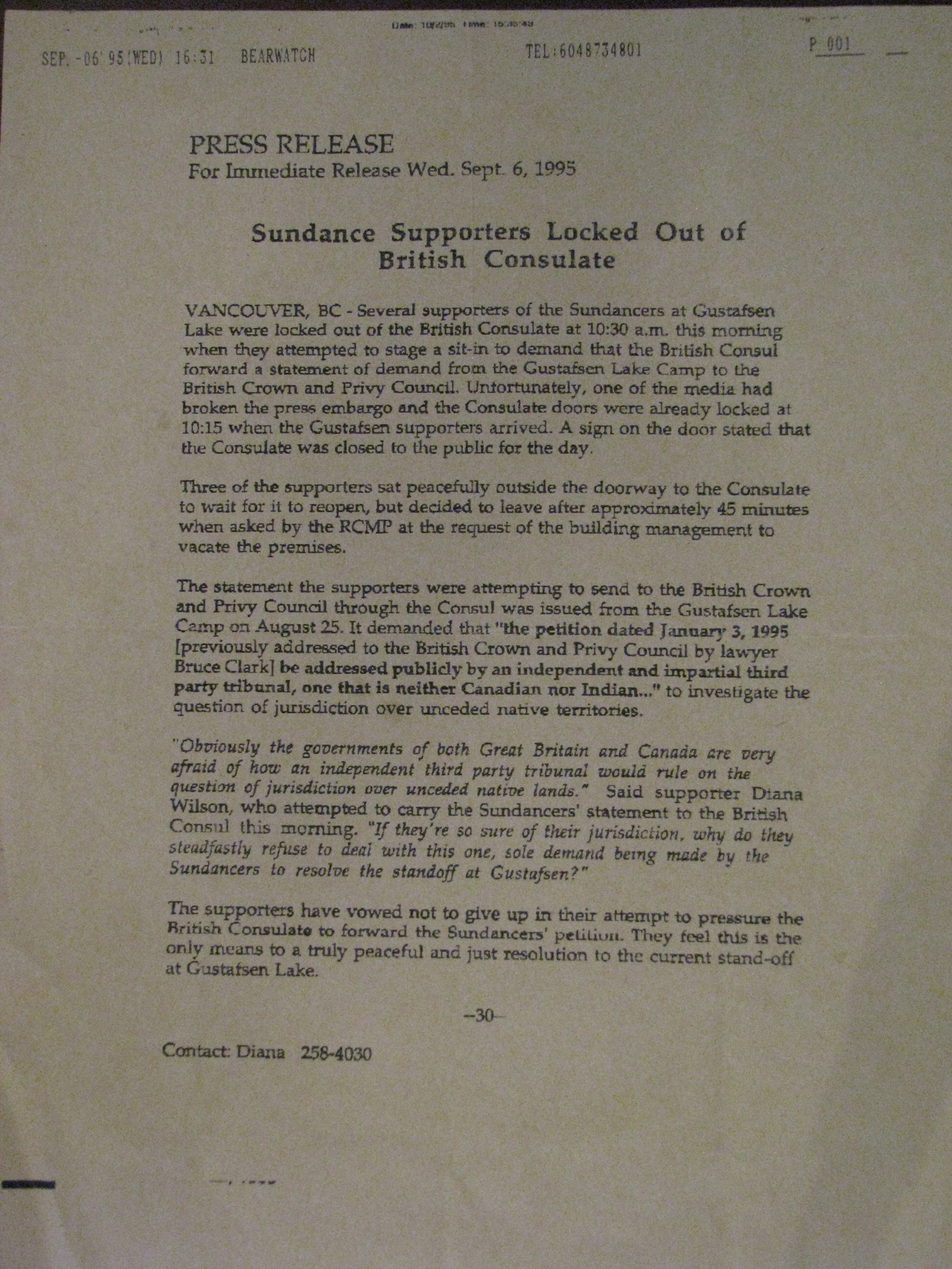 95 Sept 16 Sundance supporters locked out of British consulate