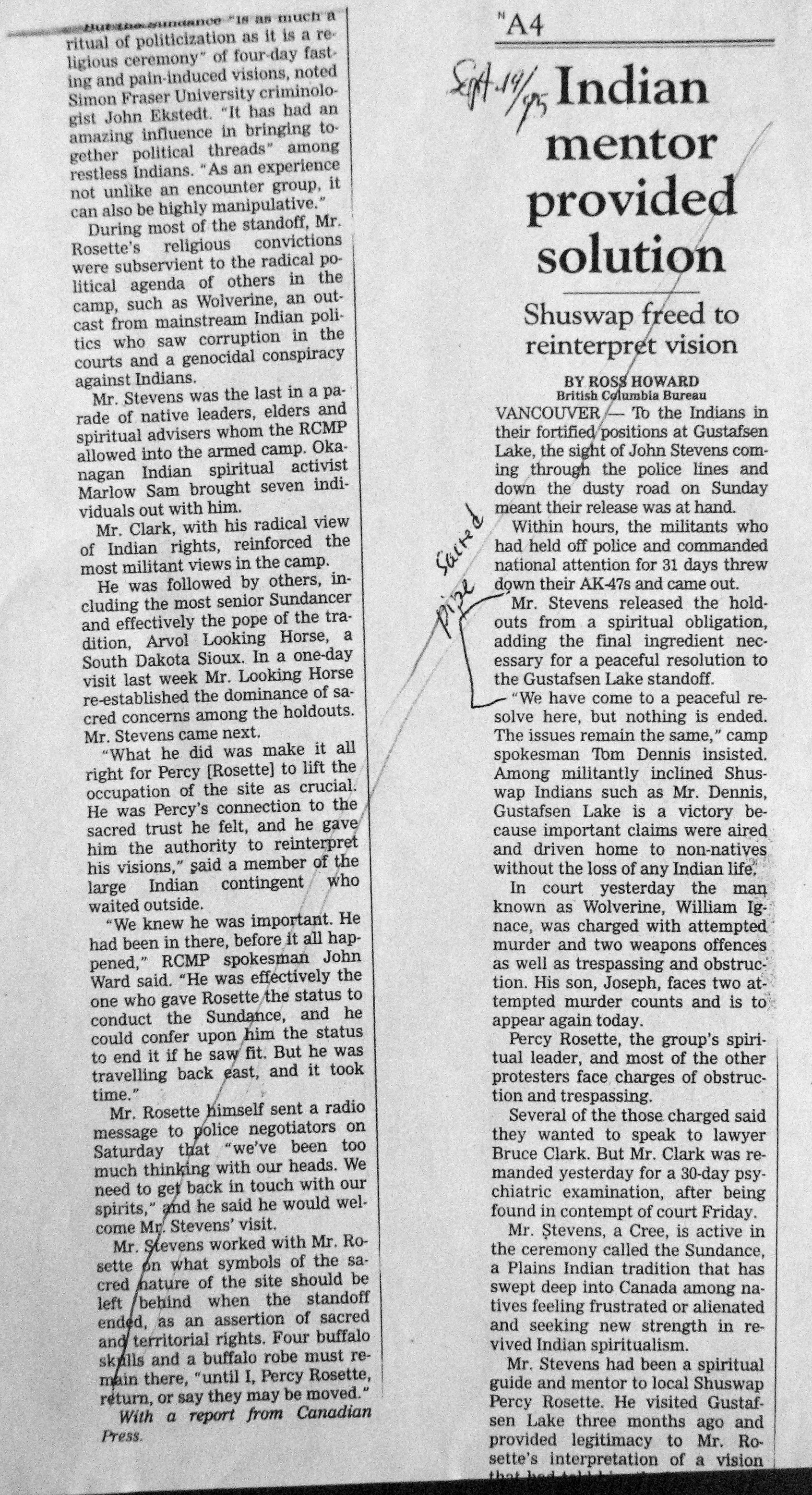 95 Sept 19 GaM.RossHoward Indian mentor provided solution - Shuswap freed to einterpret vision