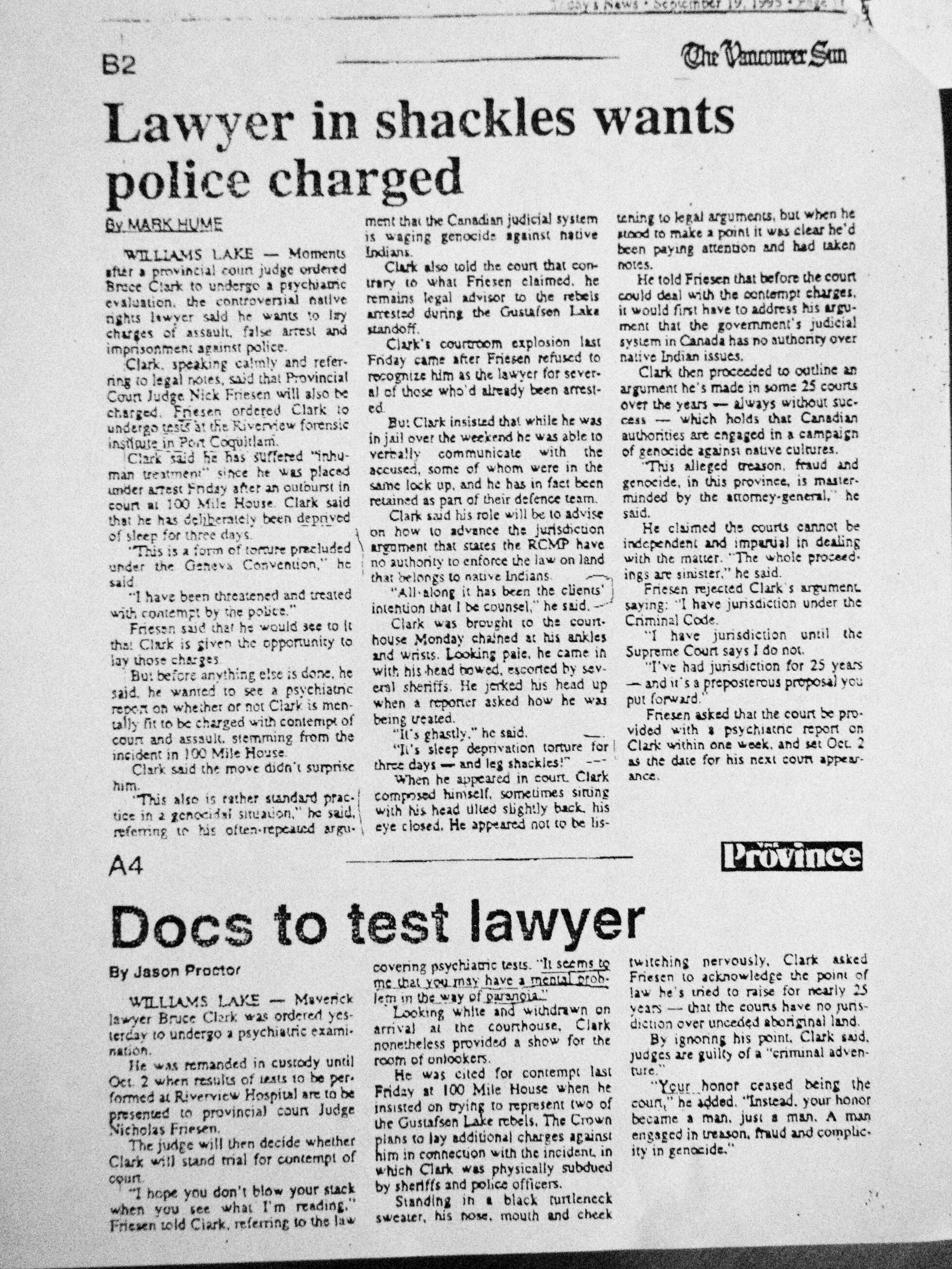 95 Sept 19 VanSun.MarkHume and Province Lawyer in shackles wants police charged - docs to test lawyer