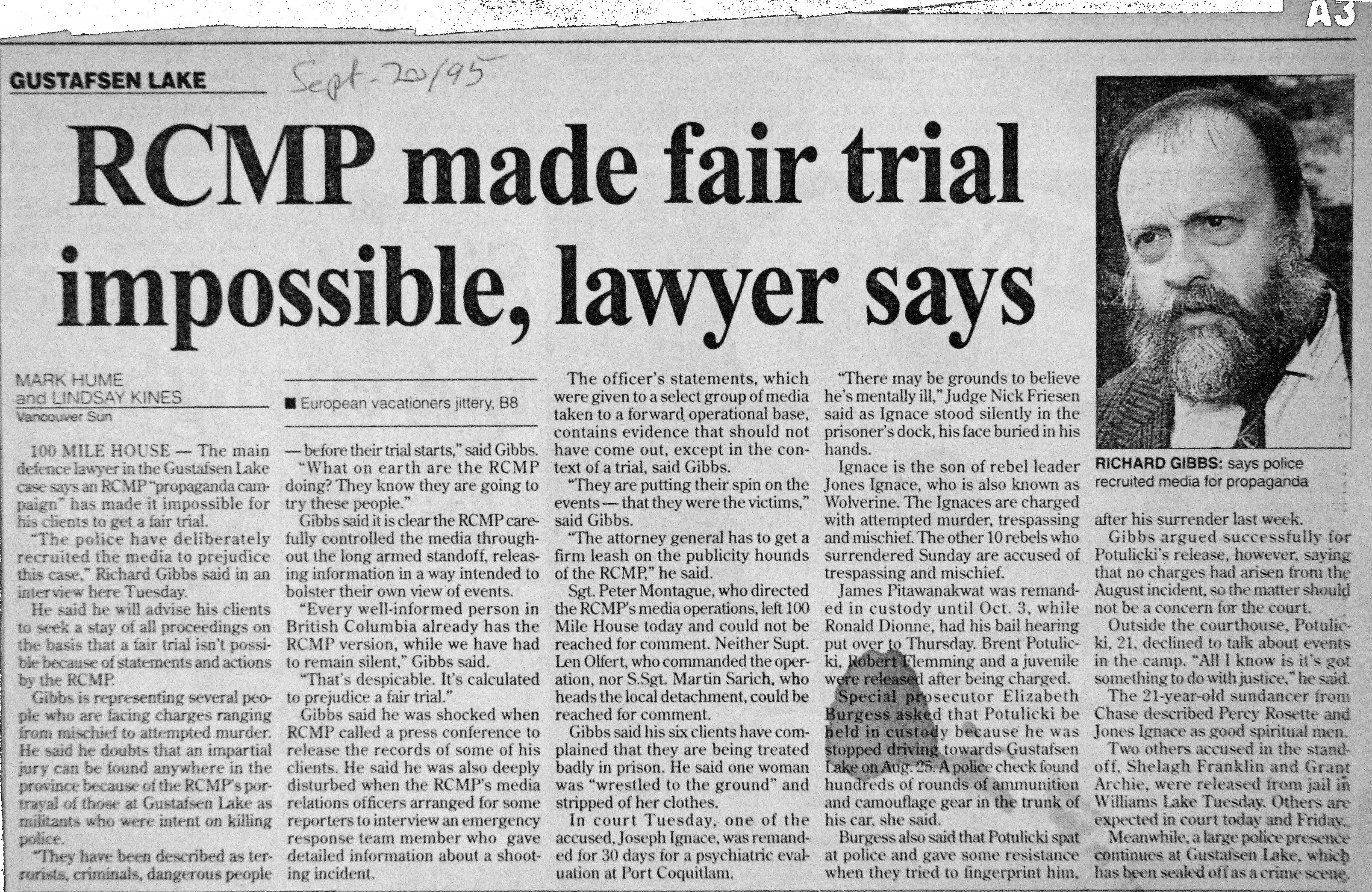 95 Sept 20 VanSun.MarkHume RCMP made fair trial impossible lawyer says
