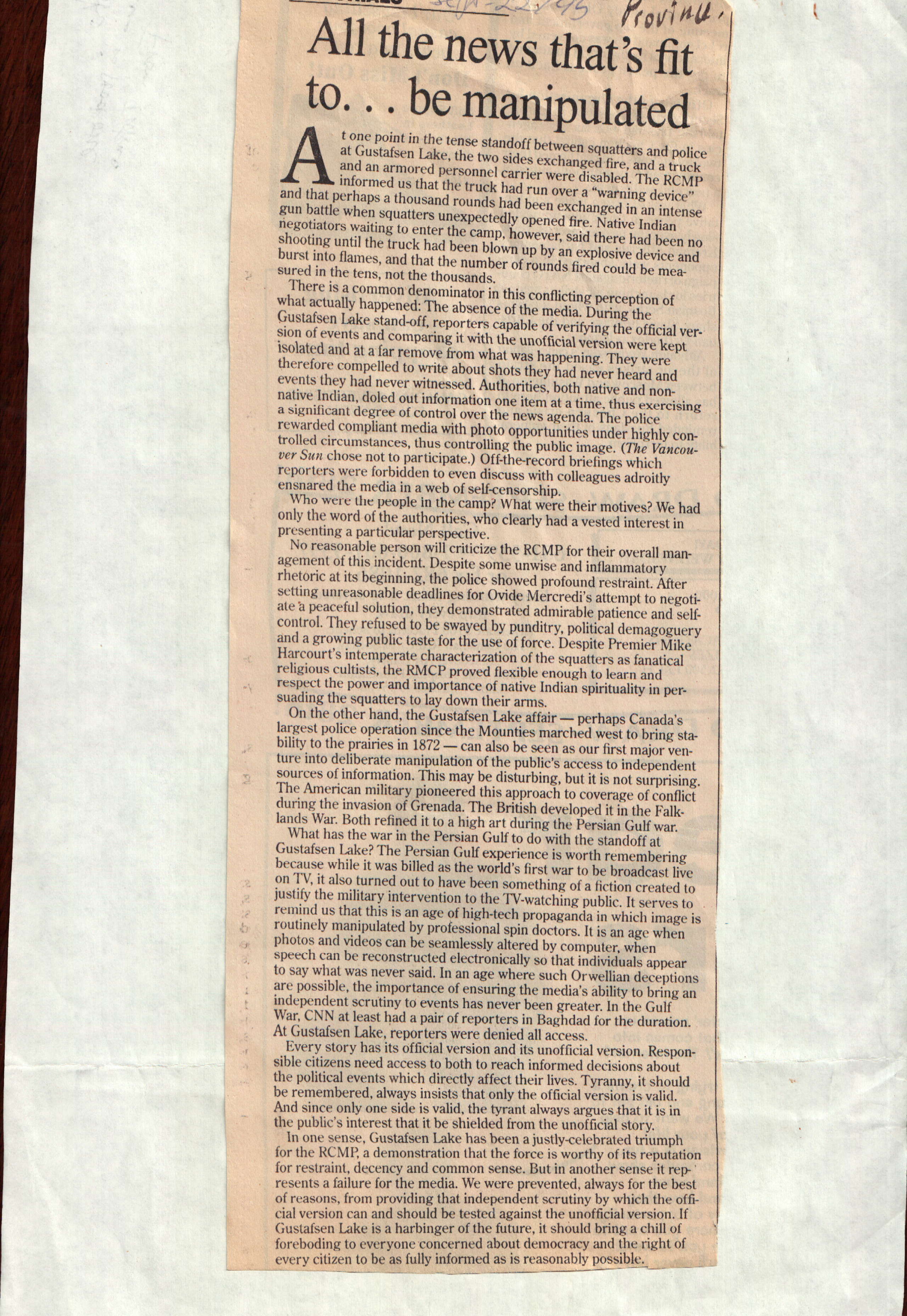 95 Sept 22 Province.editorial All the news that is fit to be manipulated