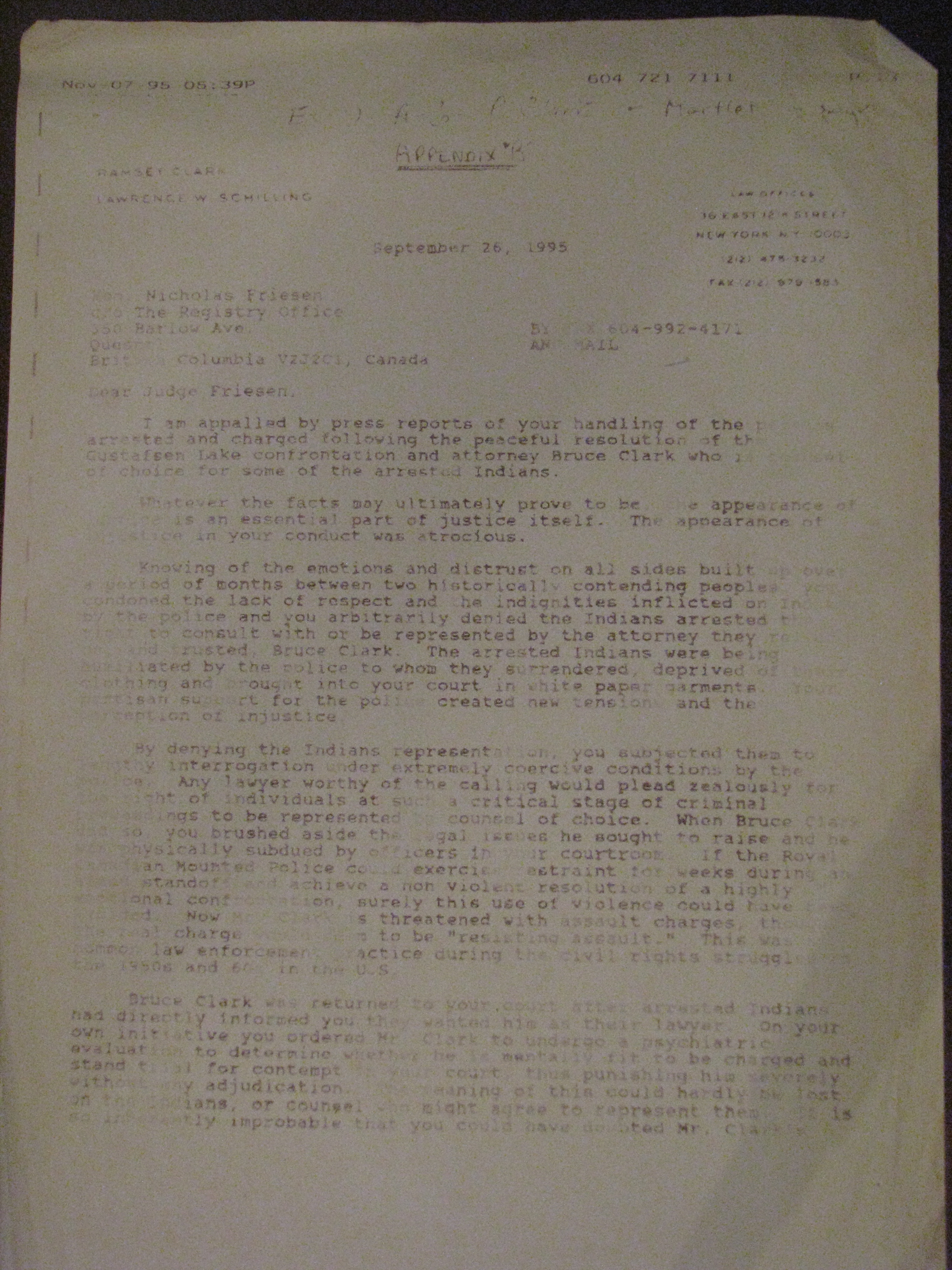95 Sept 26 Ramsey Clark to Judge Friesen - 1