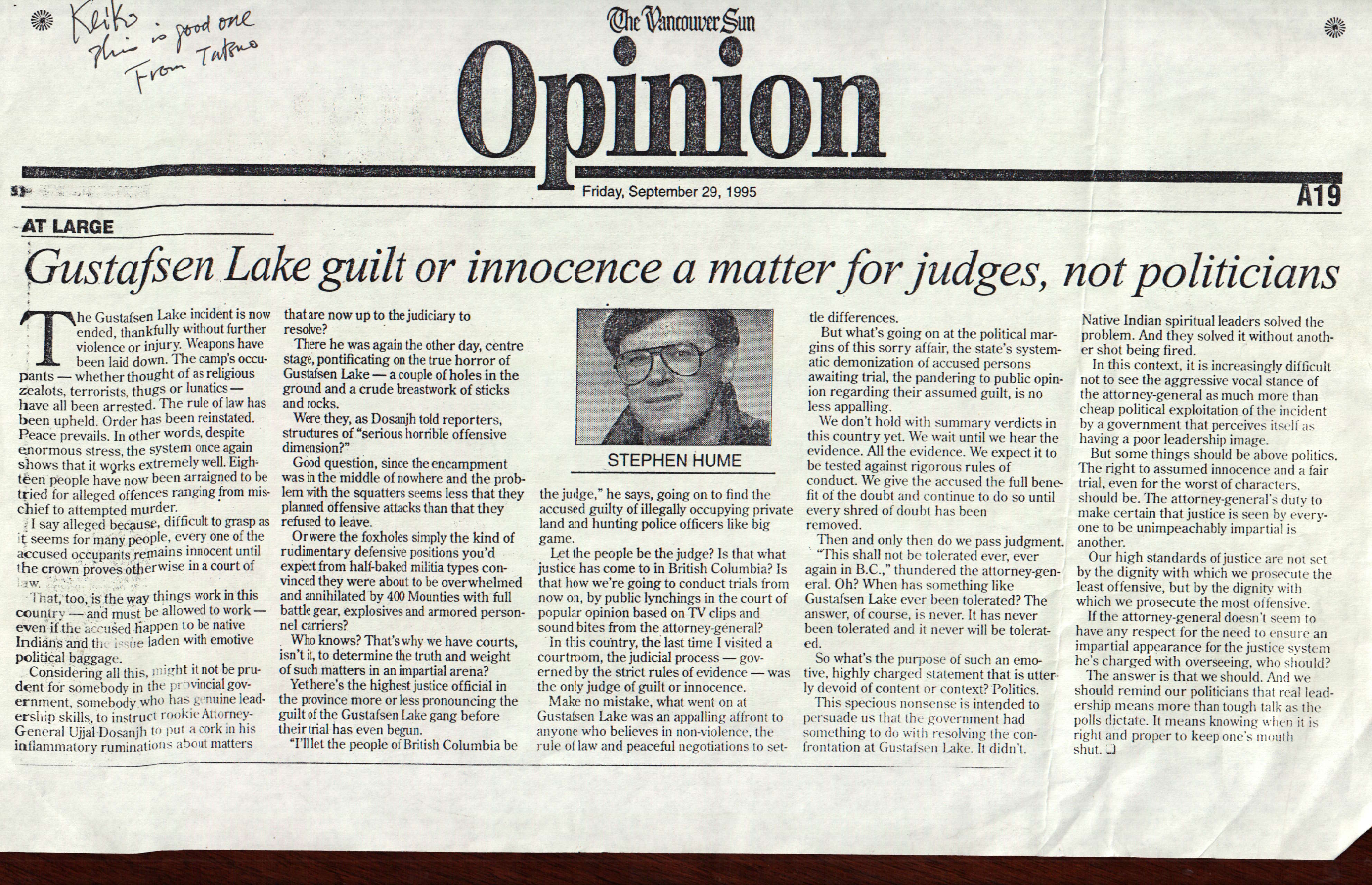 95 Sept 29 Van Sun.Hume GL guilt or innocence matter for judges not politicians