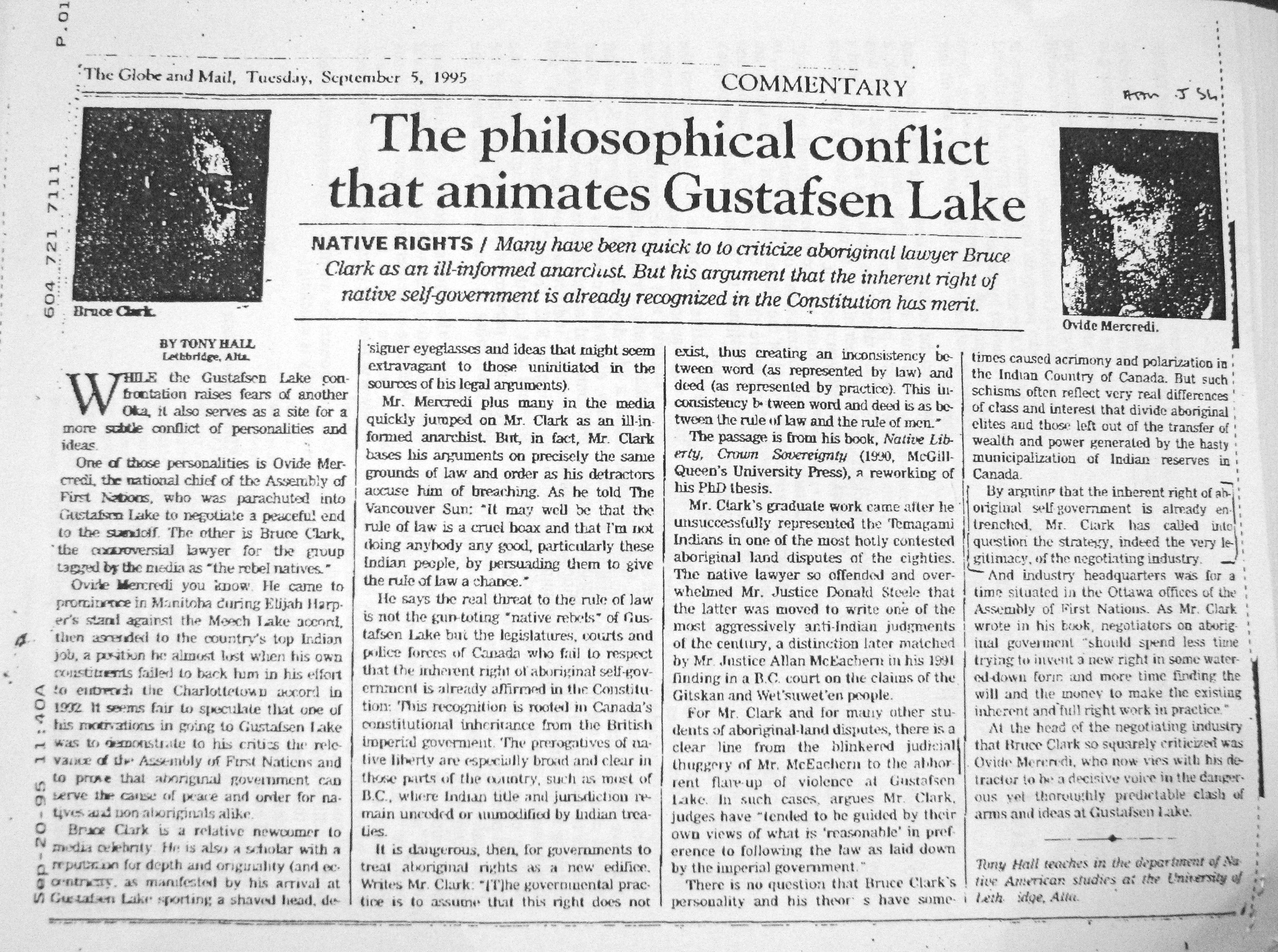 95 Sept 5 GlobeAndMail.TonyHall The philosophical conflict that animates GL
