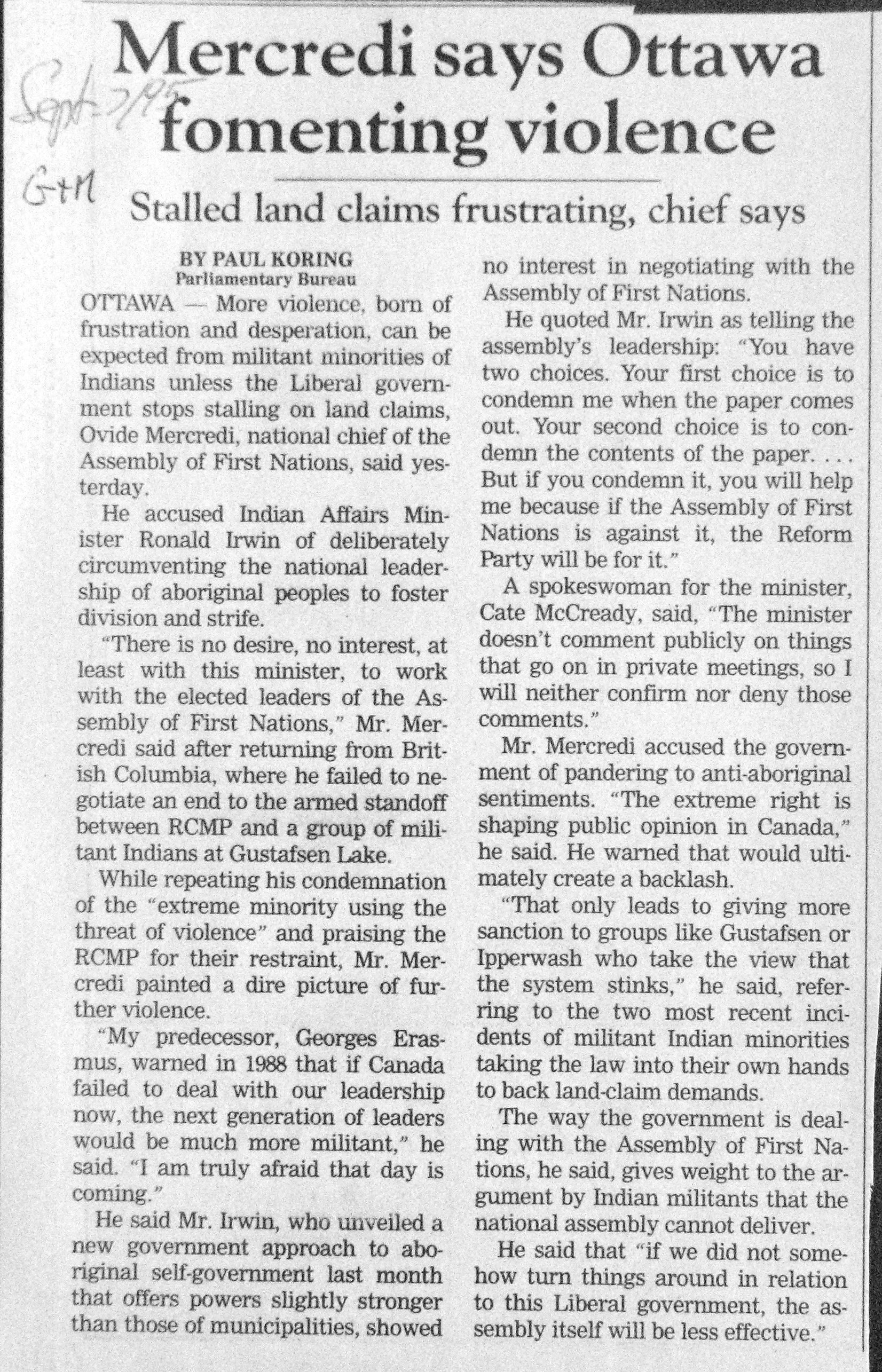 95 Sept 7 Gam.PaulKoring Mercredi says Ottawa fomenting violence