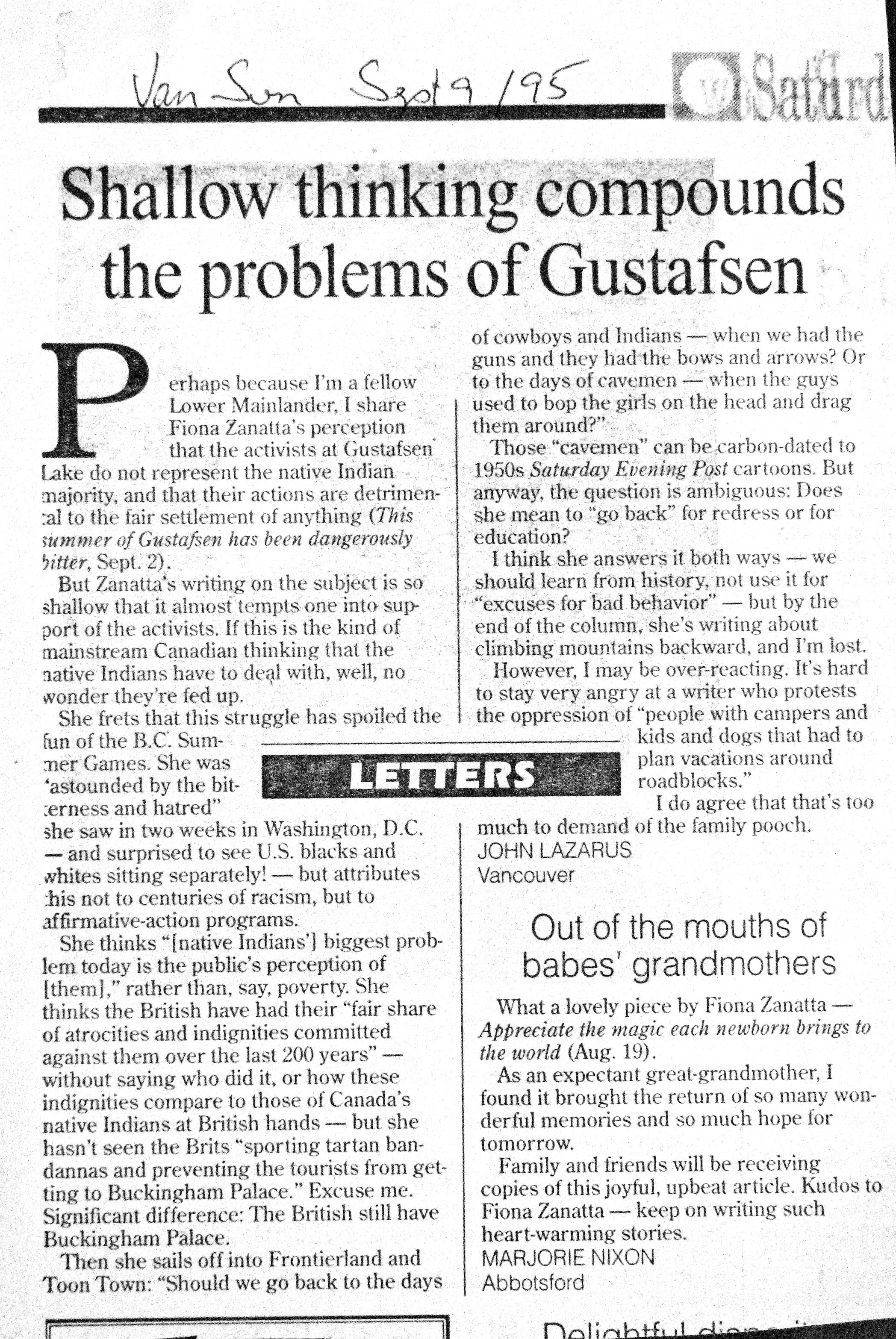 95 Sept 9 VanSun LETTER Shallow thinking compounds the problems of Gustafsen