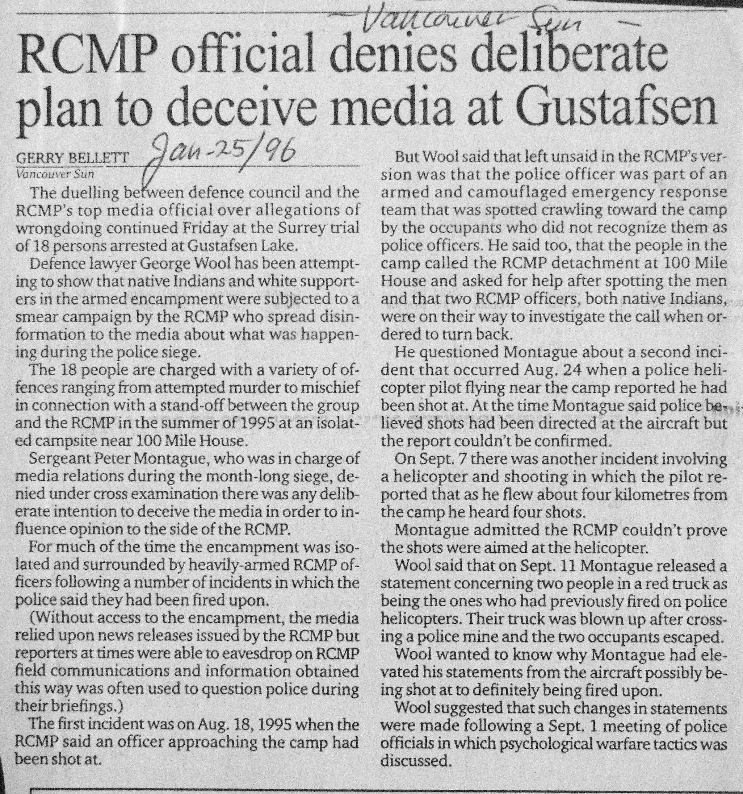 96 Jan 25 VanSun.GerryBellett RCMP official denies deliberate plan to deceie media at GL