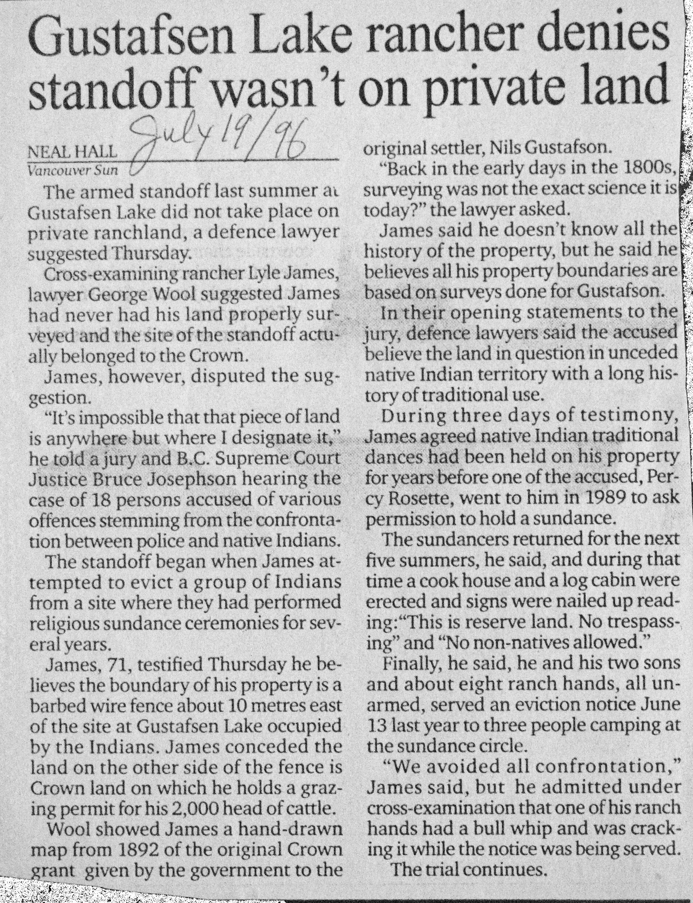 96 July 19 VanSun.NealHall Gustafsen Lake rancher denies standoff wasnt on private land