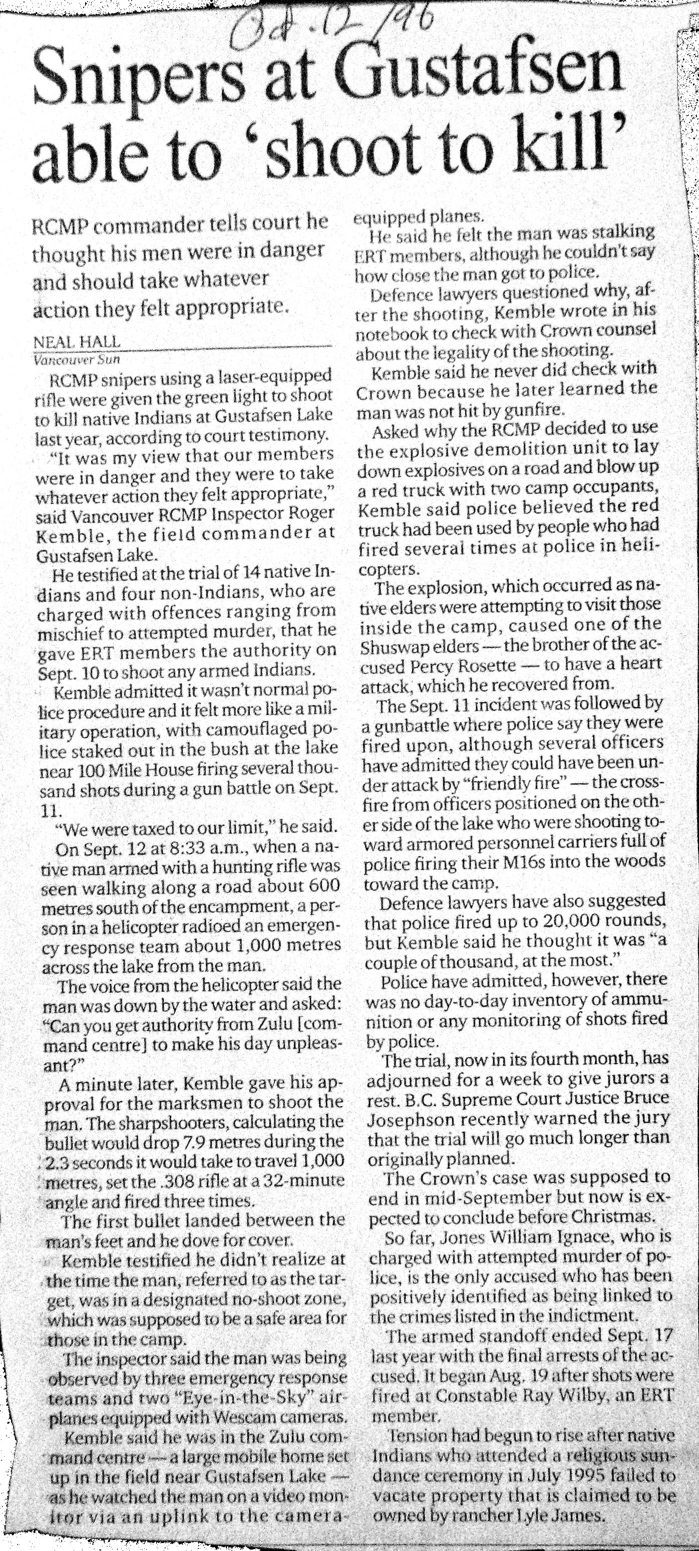 96 Oct 12 VanSun.NealHall Snipers at Gustafsen able to shoot to kill