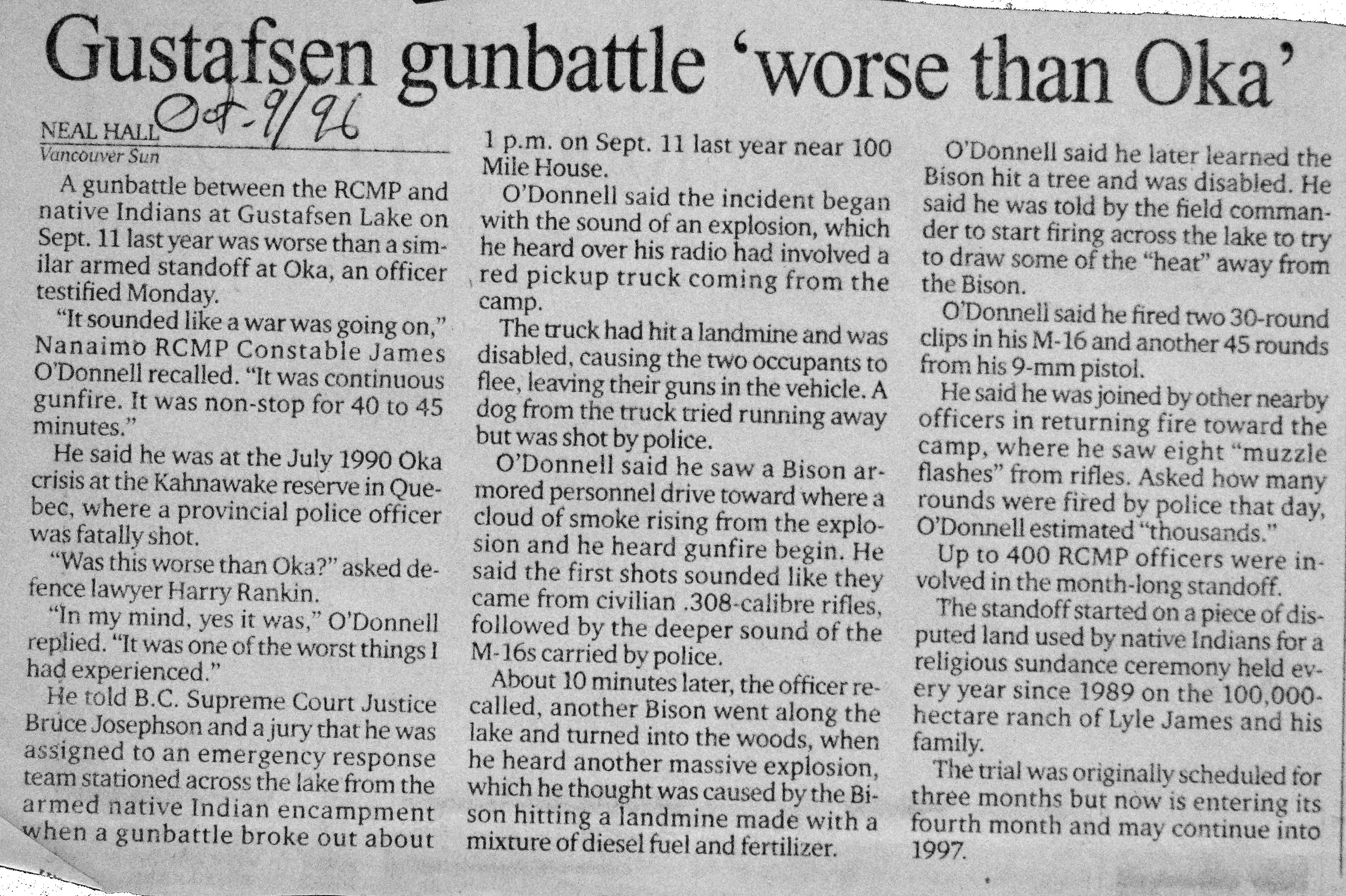 96 Oct 9 VanSun.NealHall Gustafsen gunbattle worse than Oka