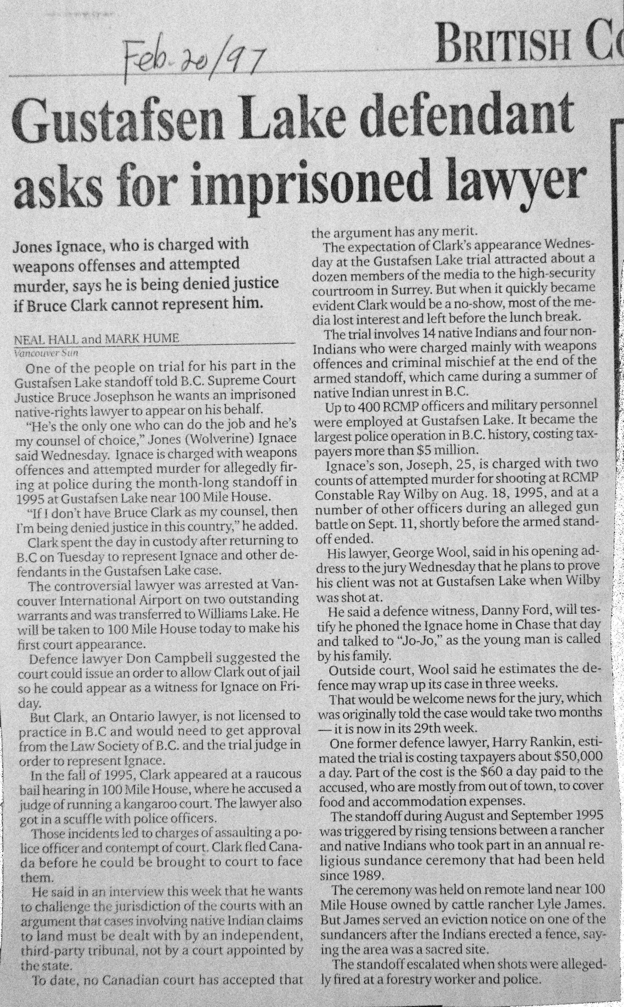 97 Feb 20 VanSun.NealHall.Hume Gustafsen Lake defendant asks for imprisoned lawyer