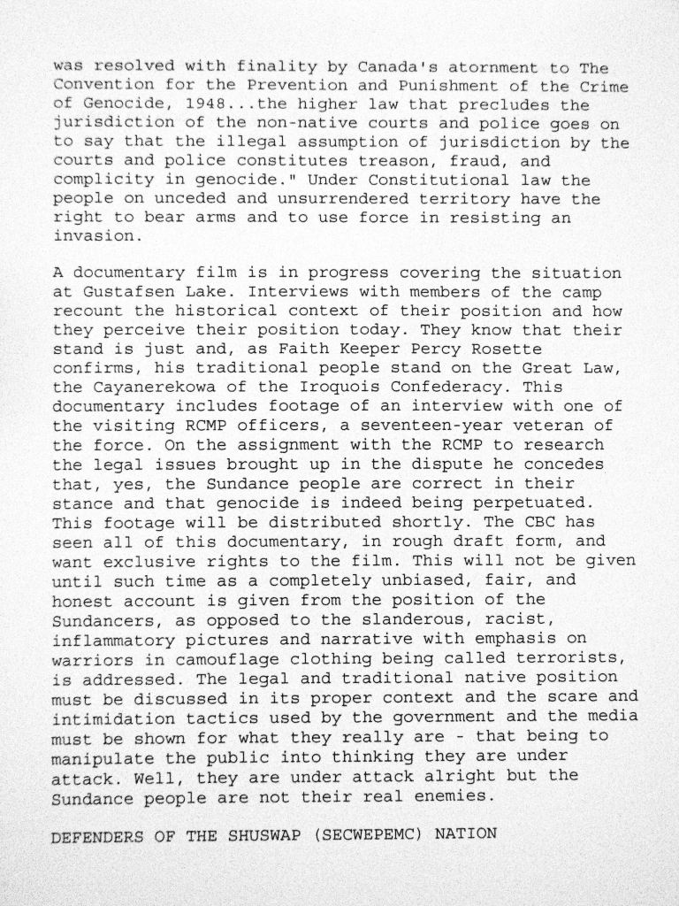 Defenders Press Release August 21 1995. Gustafson Lake Sundance. Page 3 of 3