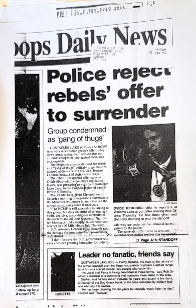 Police reject rebels' offer to surrender. Group condemned as gang of thugs. Kamloops Daily News. Gustafson Lake