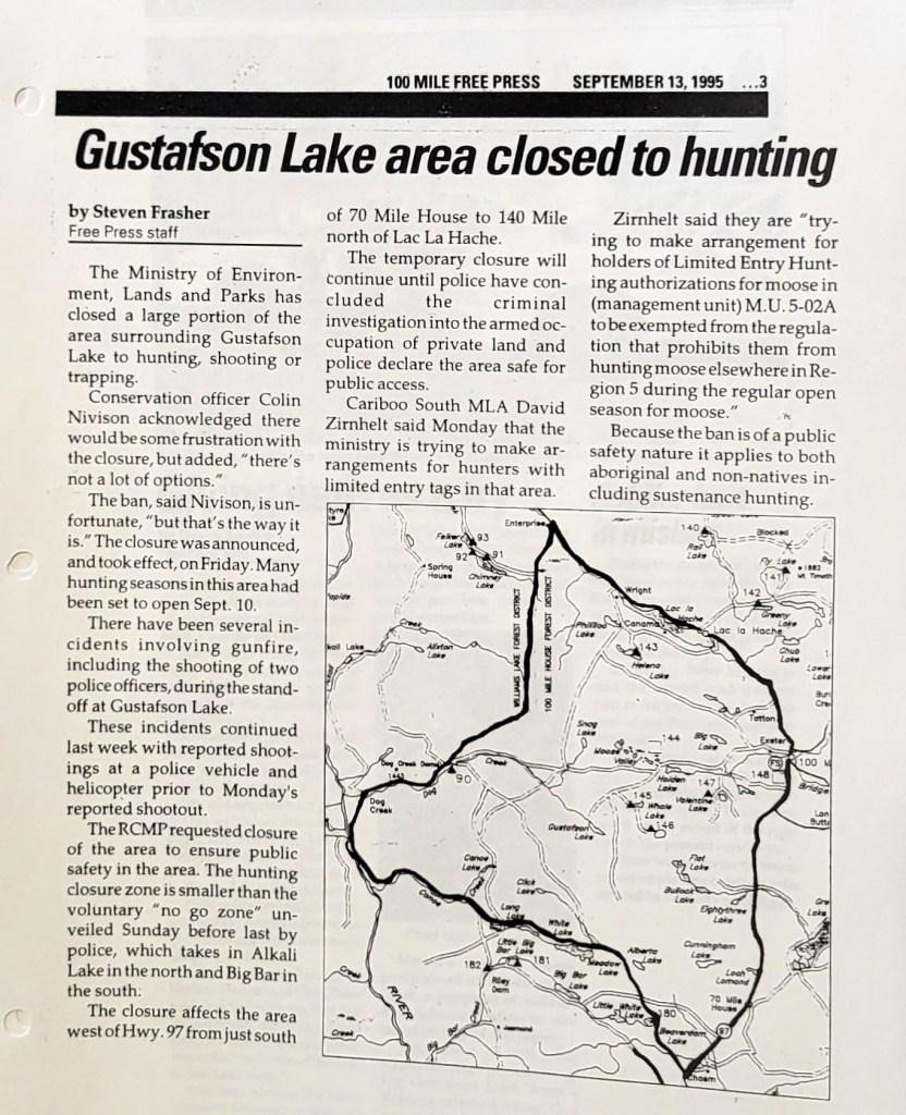 1995 September 13, Gustafson Lake area closed to hunting. 100 Mile Free Press