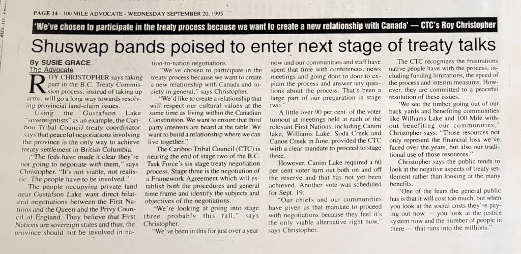 1995 September 20. Shuswap bands poised to enter next stage of treaty process. 100 Mile Advocate
