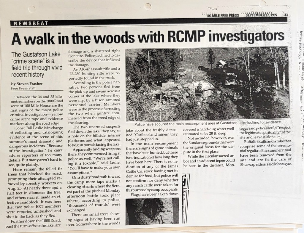 1995, SEPTEMBER 27. a WALK IN THE WOODS WITH RCMP INVESTIGATORS AT GUSTAFSON LAKE. 100 Mile Free Press. 1 of 2.