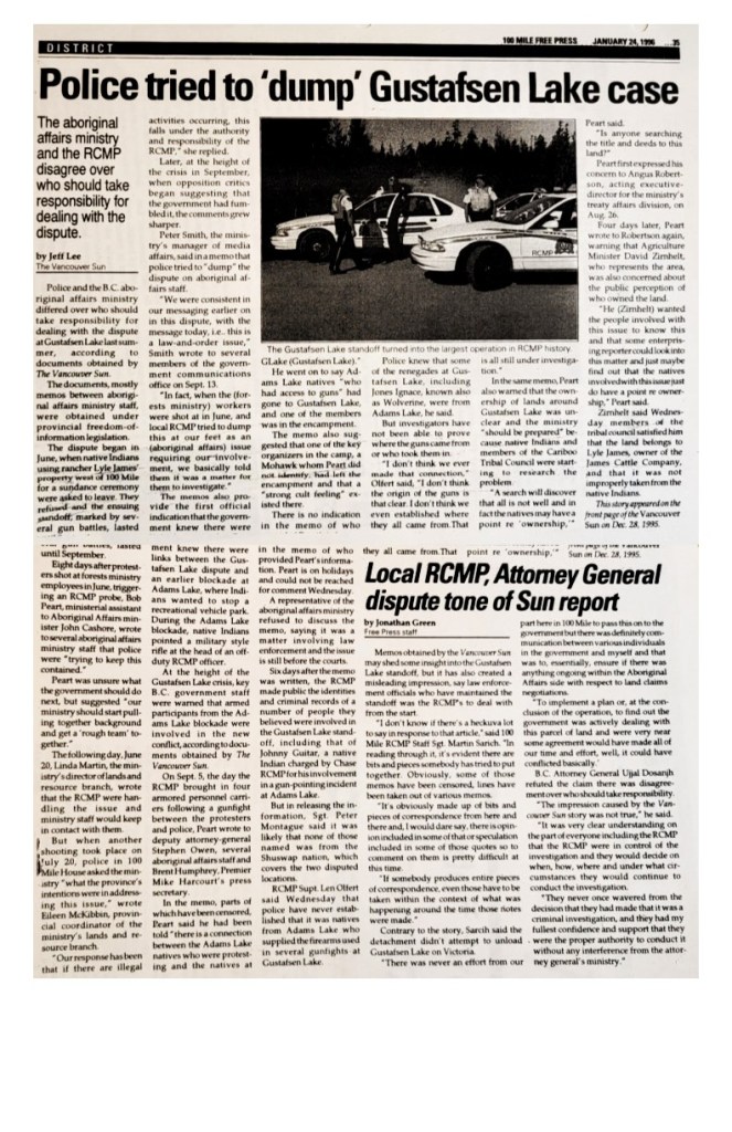 Police tried to 'dump' Gustafsen Lake case. 96.01.24. 100 Mile Free Press. Originally reported by Jeff Lee in the Vancouver Sun, December 1995.
