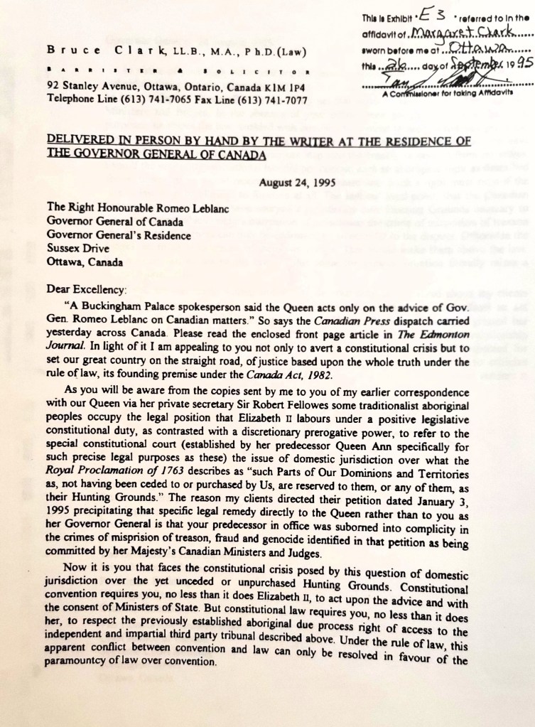 Bruce Clark to Romeo LeBlanc. August 24 1995. 1 of 2