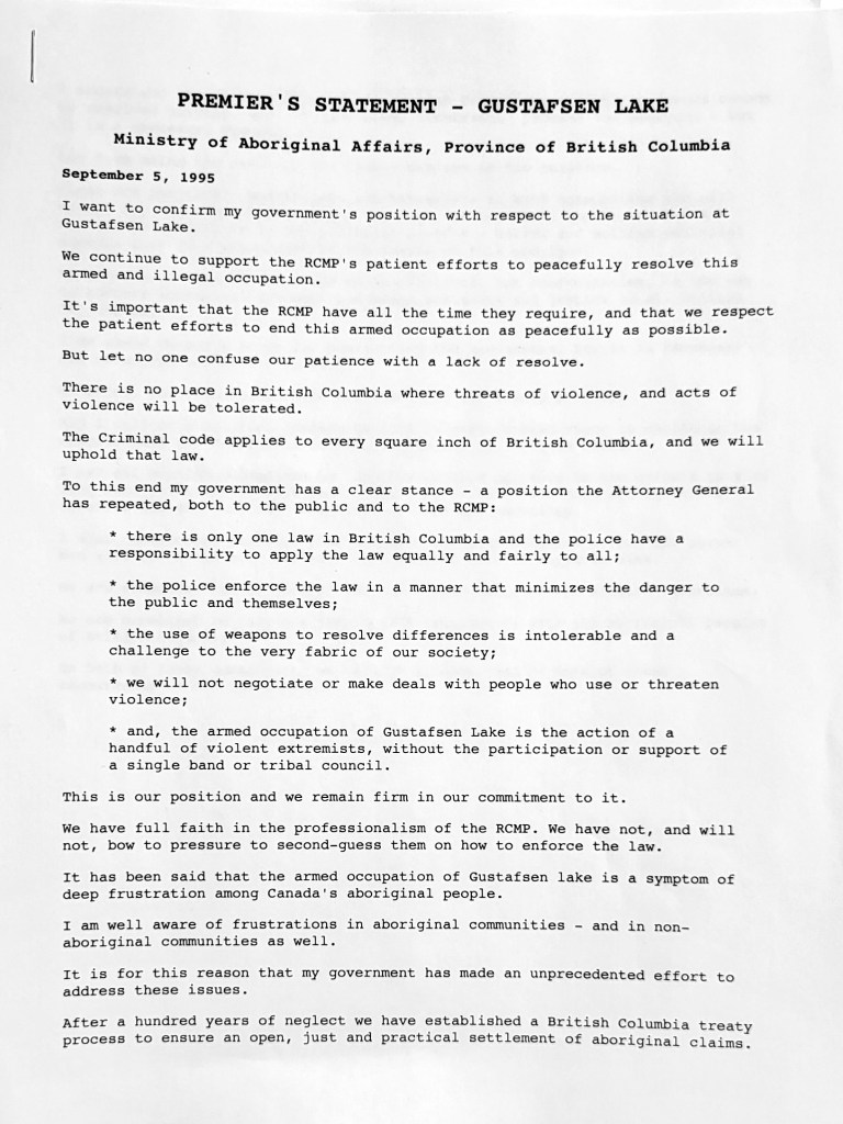 Premier's Statement on Gustafsen lake. Sept 5 1995, Ministry of Aboriginal Affairs, British Columbia. 1 of 2