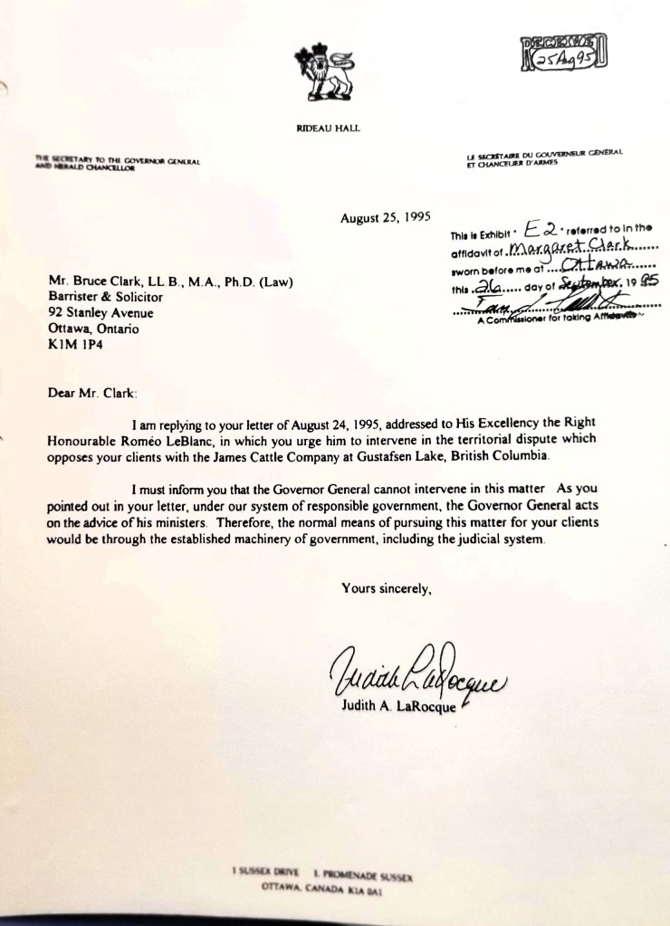 Romeo LeBlanc to Bruce Clark August 25 1995.