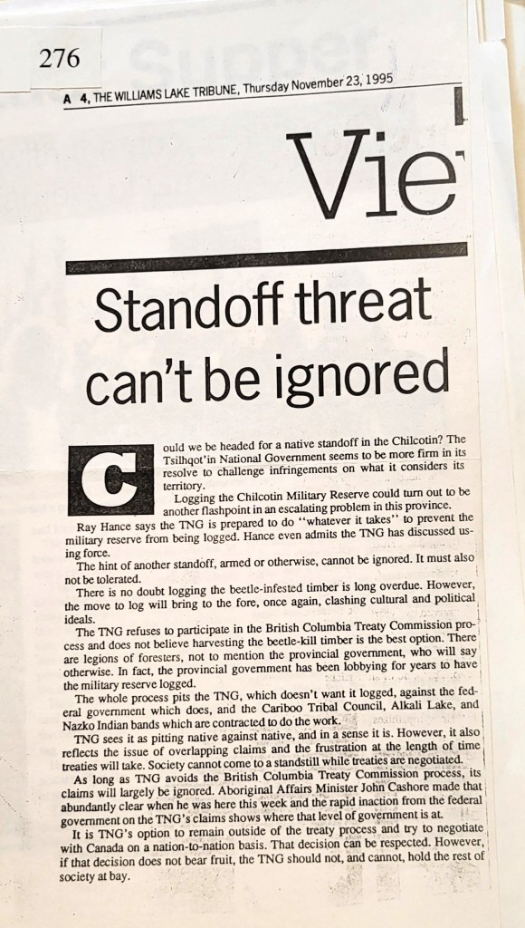 Standoff threat can't be ignored. Williams Lake Tribune. November 23 1995.