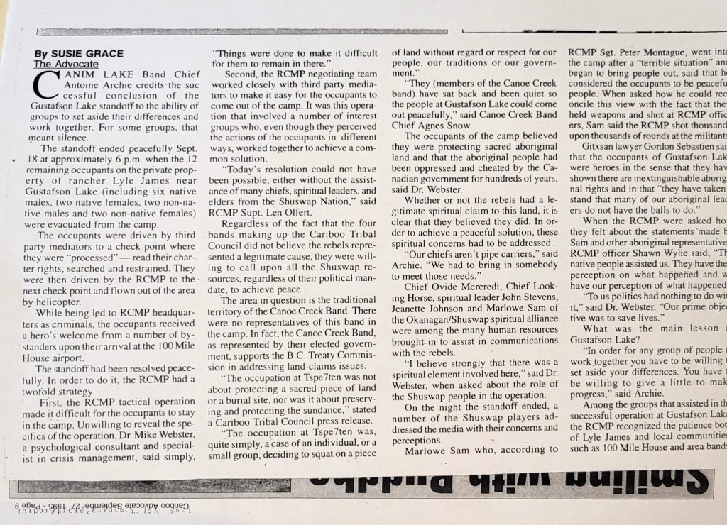 Successful conclusion. Chief Ernie Archie Canim Lake Band. Mike Webster. Cariboo Advocate. Sept 28 1995