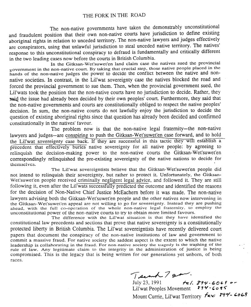 "The Fork in the Road," Terri John, Lil'wat Peoples Movement 1991