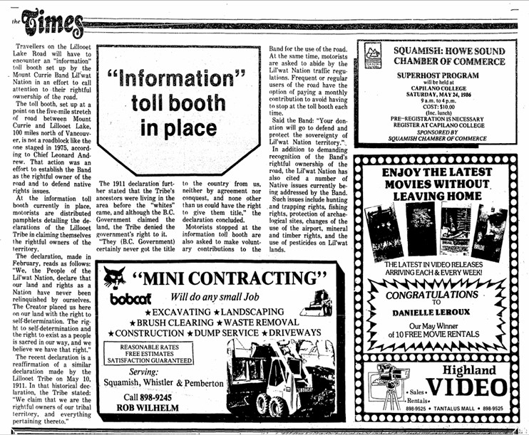 Information tool booth in place - Highway 99. The Squamish Times, May 21, 1986