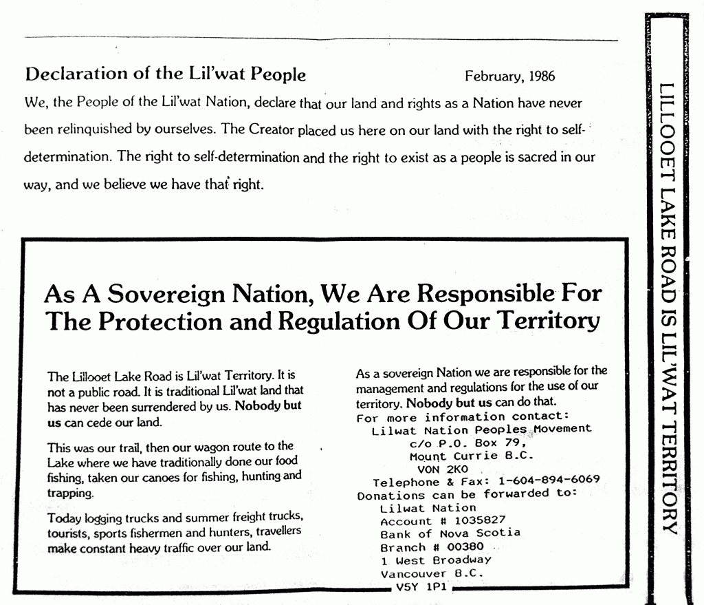 Lil'wat Peoples Movement - Pamphlet - 1990. Interior 