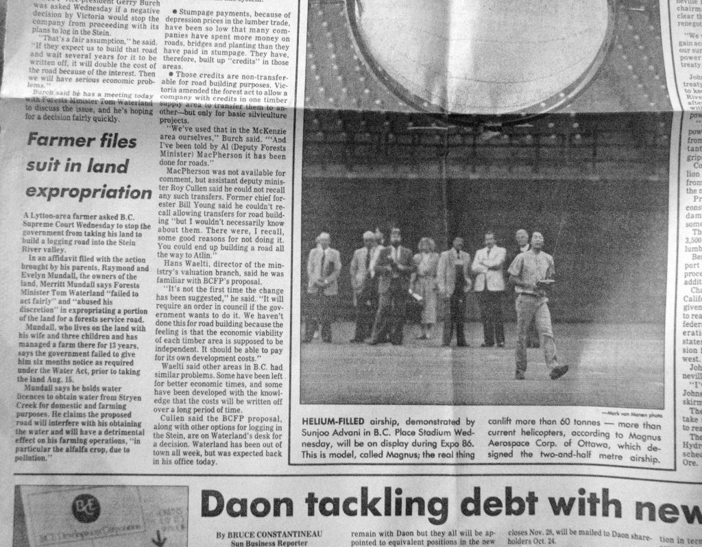 Timber firm wants money for Stein road. Vancouver Sun, Don Whitely, October 17 1985  2 of 2