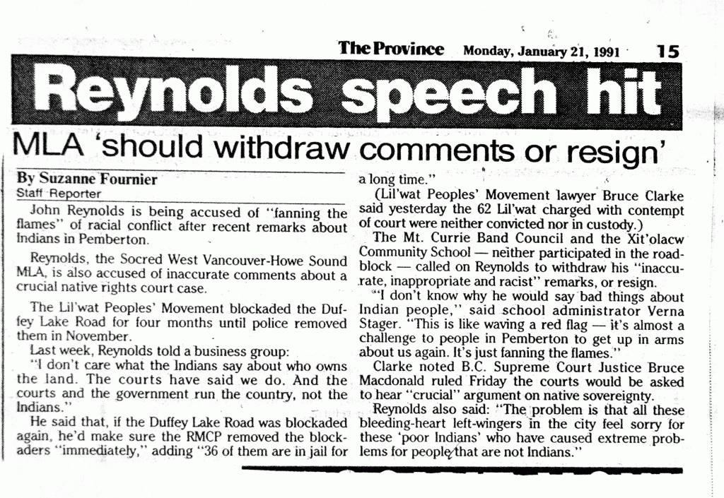 MLA should withdraw comments or resign. The Province, .January 21, 1991
