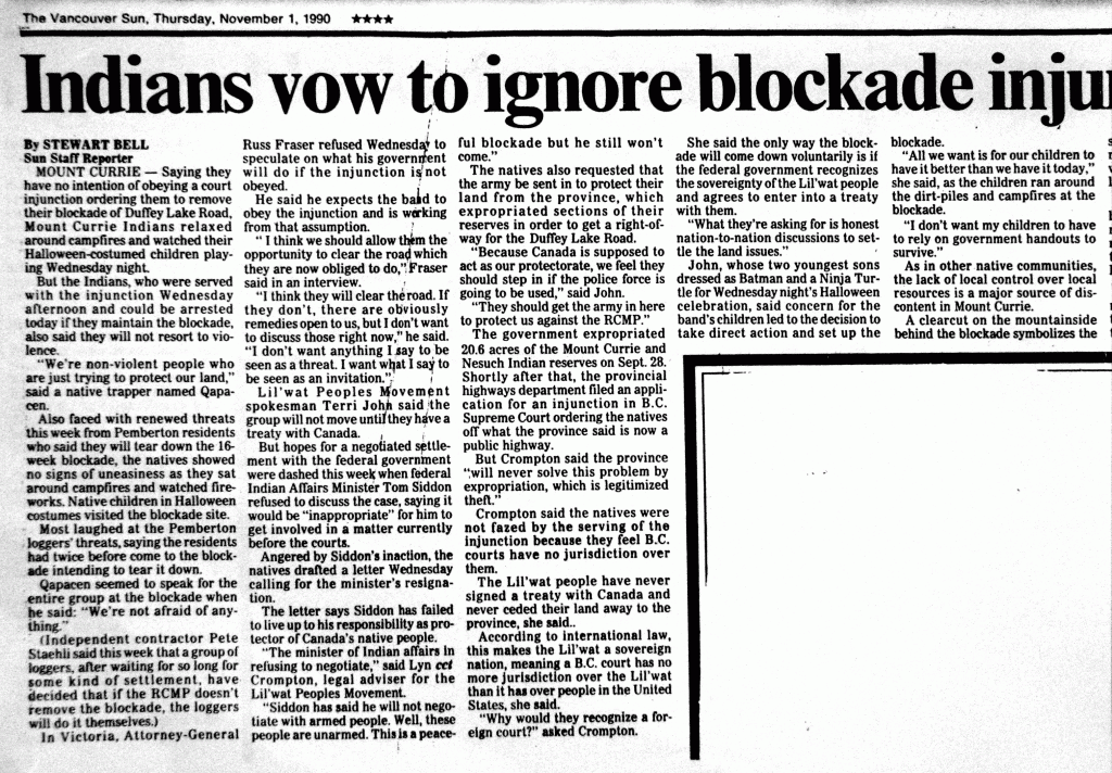 Indians vow to ignore blockade injunction VanSun.Nov1.1990 . 1 of 2