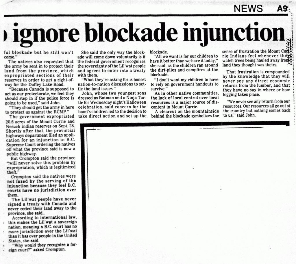 Indians vow to ignore blockade injunction VanSun.Nov1.1990 . 2 of 2