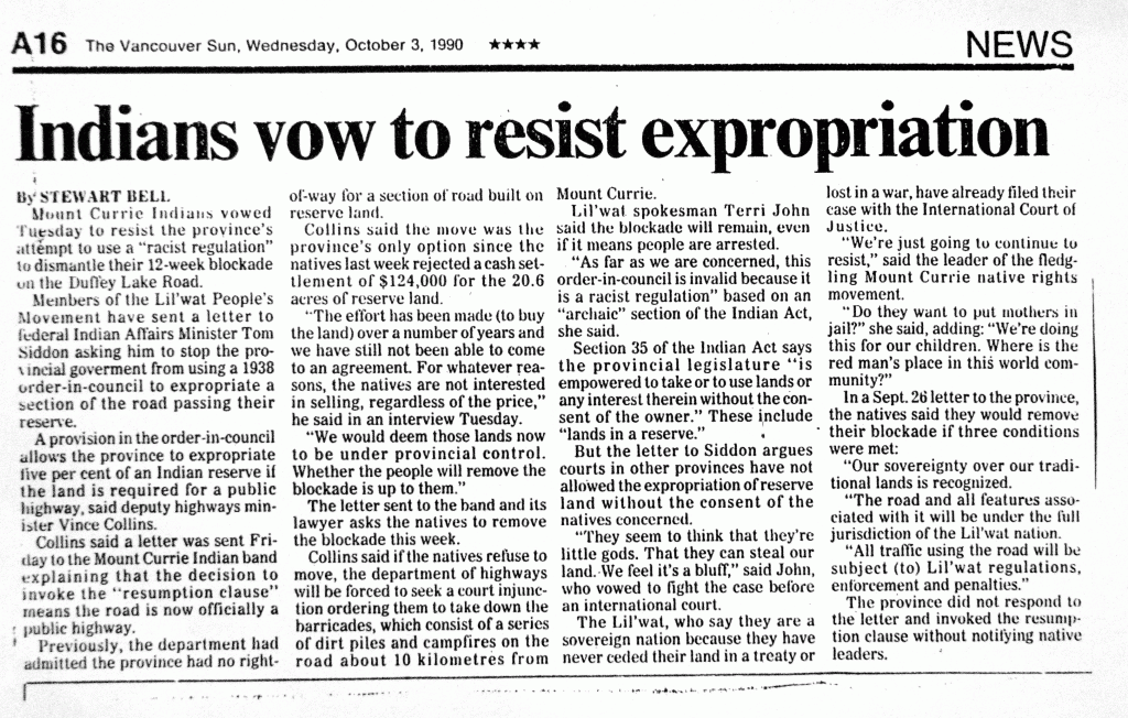Indians vow to resist expropriation VanSun.Oct3.1990